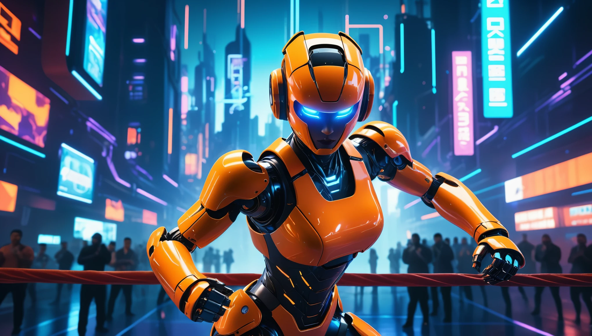 a female robot,an orange male humanoid,a boxing ring,a cyberpunk city,cinematic and detailed style,high resolution,neon lights,metallic textures,gritty atmosphere,reflection and shadows,motion blur,unique character designs,urban landscape,technological advancements,advanced cybernetics,action-packed scenes,fast-paced movements,energetic atmosphere,explosive punches,robotic precision,engaging and dynamic poses,high-tech gadgets,sleek and futuristic architecture,vibrant color palette,contrasting light and dark tones,blurred backgrounds,showcasing the intensity of the fights,stylized digital effects,electricity sparks,artificial intelligence,attention to character expressions,dynamic camera angles,visually stunning,immersive and captivating,professional-grade animation.