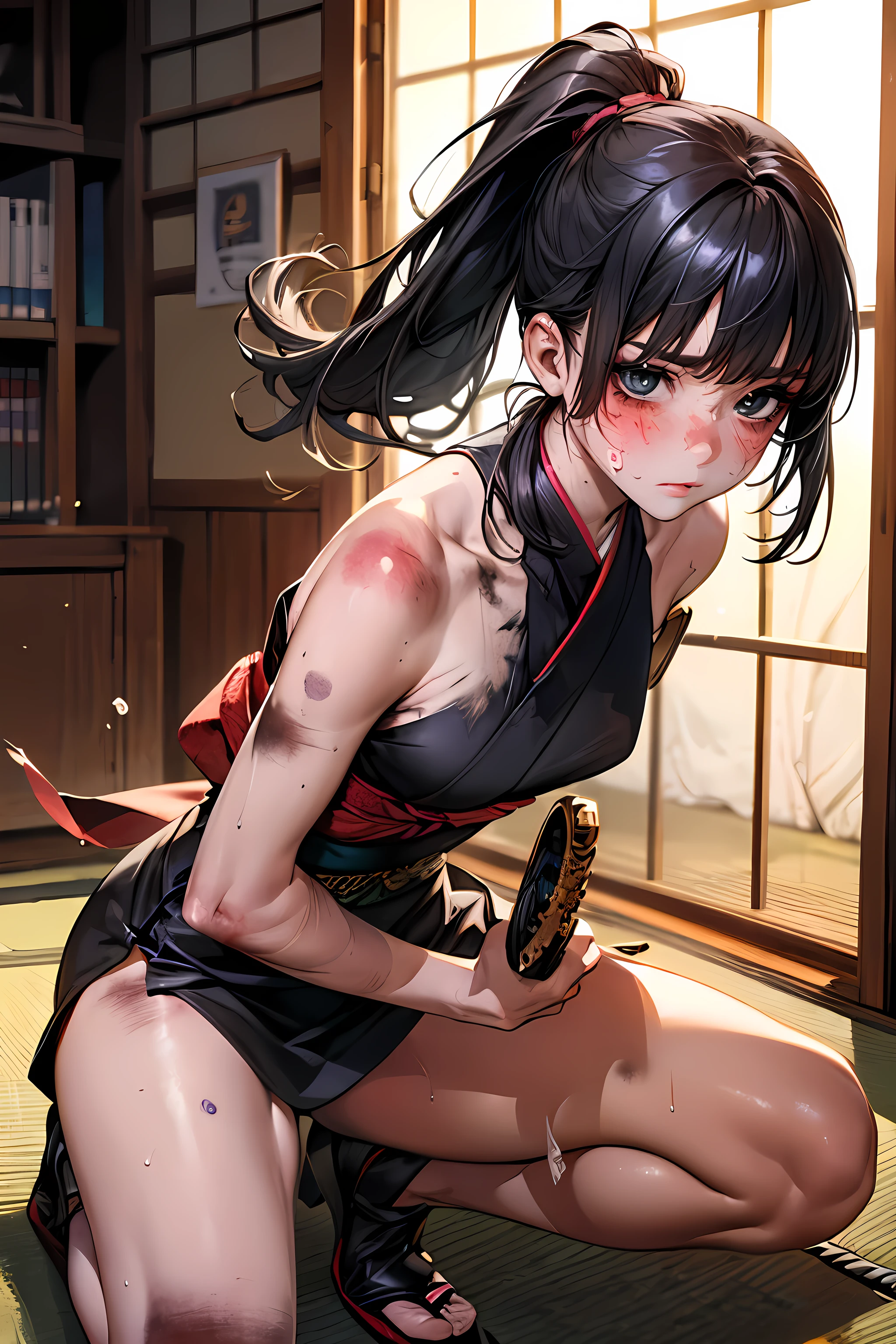 ((perfect anatomy:1.2,realistic:1.3,RAW Photography:1.,masterpiece、highest quality、Ultra - High resolution、High resolution、Highly detailed CG、8K)),nsfw,cowboy shot,1 female,solo、18 year old beauty,Japanese,((beautiful detailed face and eyes:1.3,big gorgeous eyes:1.3,black eyes:1.3)),long hair,ponytail hair,straight hair,blunt bangs,blush,Painful expression,((medium breasts,slender body,small head:1.3,skinny)),(((Bruises from being beaten a lot:1.7))),((sweat:1.3)),(Holding a Japanese sword in one hand:1.5),(Torn clothing、ninja uniform:1.3、Black kimono、Sleeveless、Black mini skirt、Deep slit),kneeling,Port warehouse district、container,moonlight、at night、