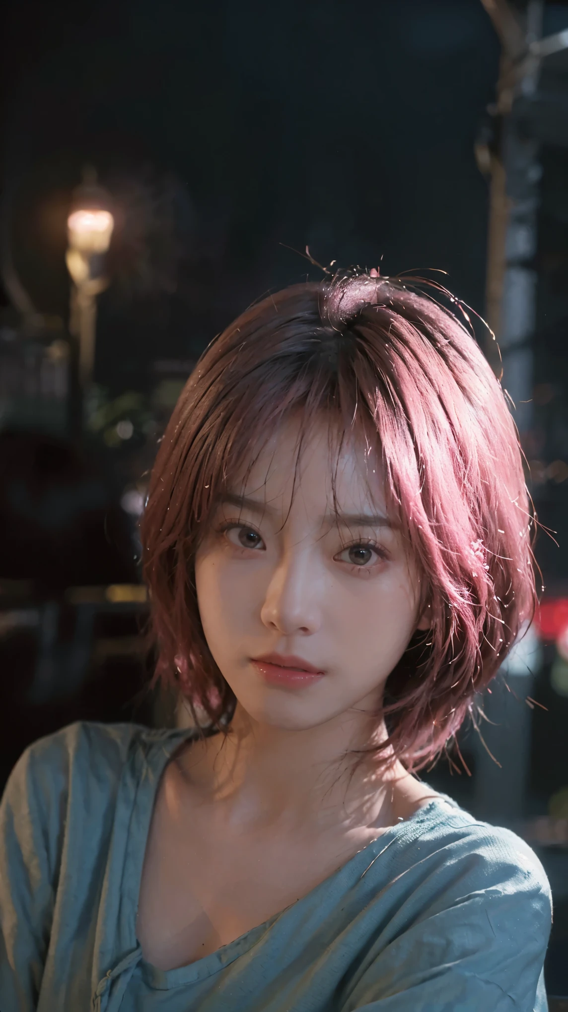 (8k, highest quality, masterpiece: 1.4), Super detailed, highest quality, Ultra-high resolution, Depth of written boundary,Ultra-Realistic Capture,(Very detailed,High definition 16K), cute, girl, short hair, Pink Hair, cyber-, (Night lights:1.4), Emotional