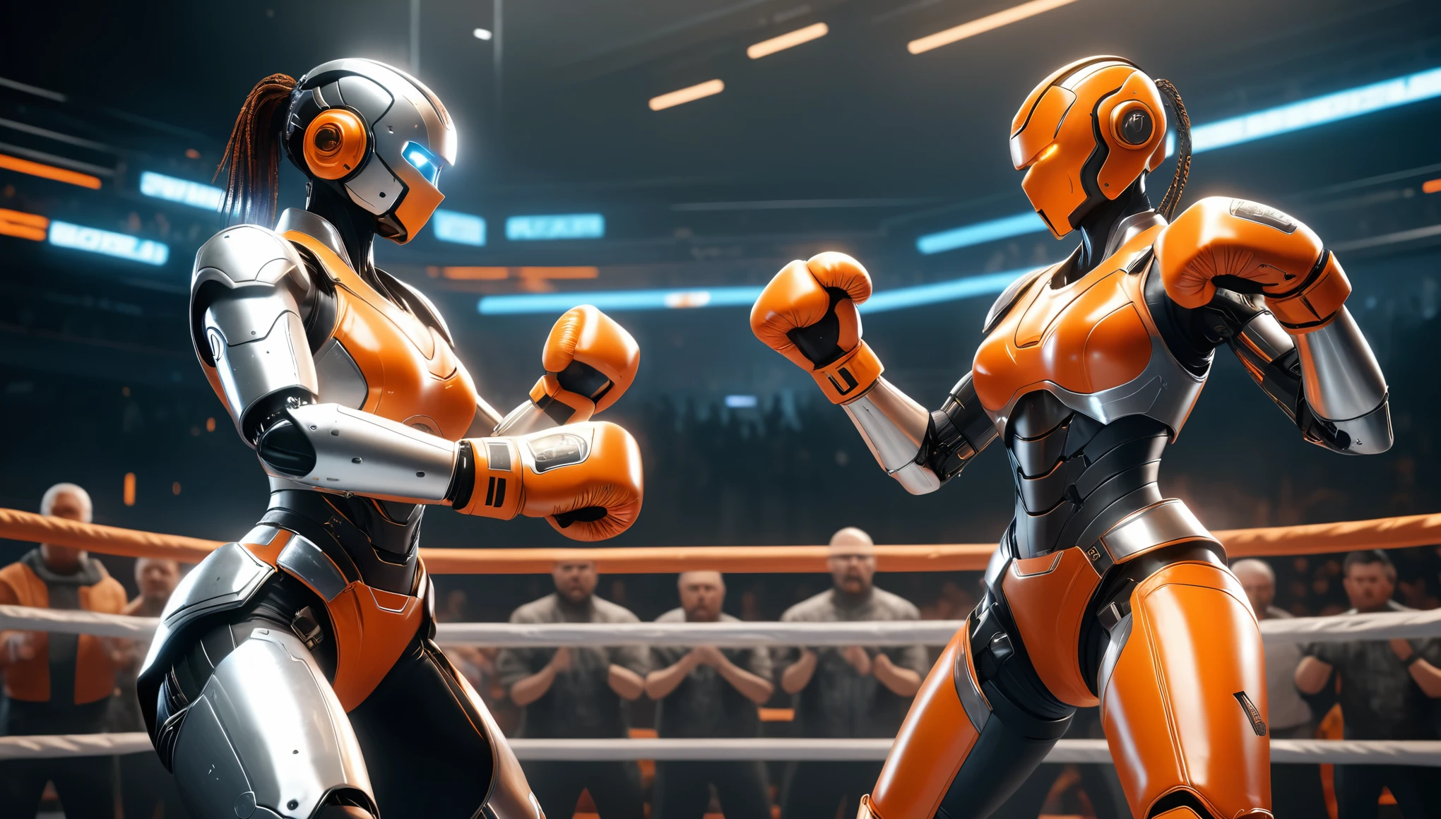 A female robot and male humanoid boxing in the ring, wearing gloves with an orange and silver color scheme, wearing cyberpunk-style , a crowd cheering on both sides of them, cinematic, sci-fi, cyberpunk, rendered in the style of Unreal Engine, rendered in the style of octane render, with high details and best quality. 