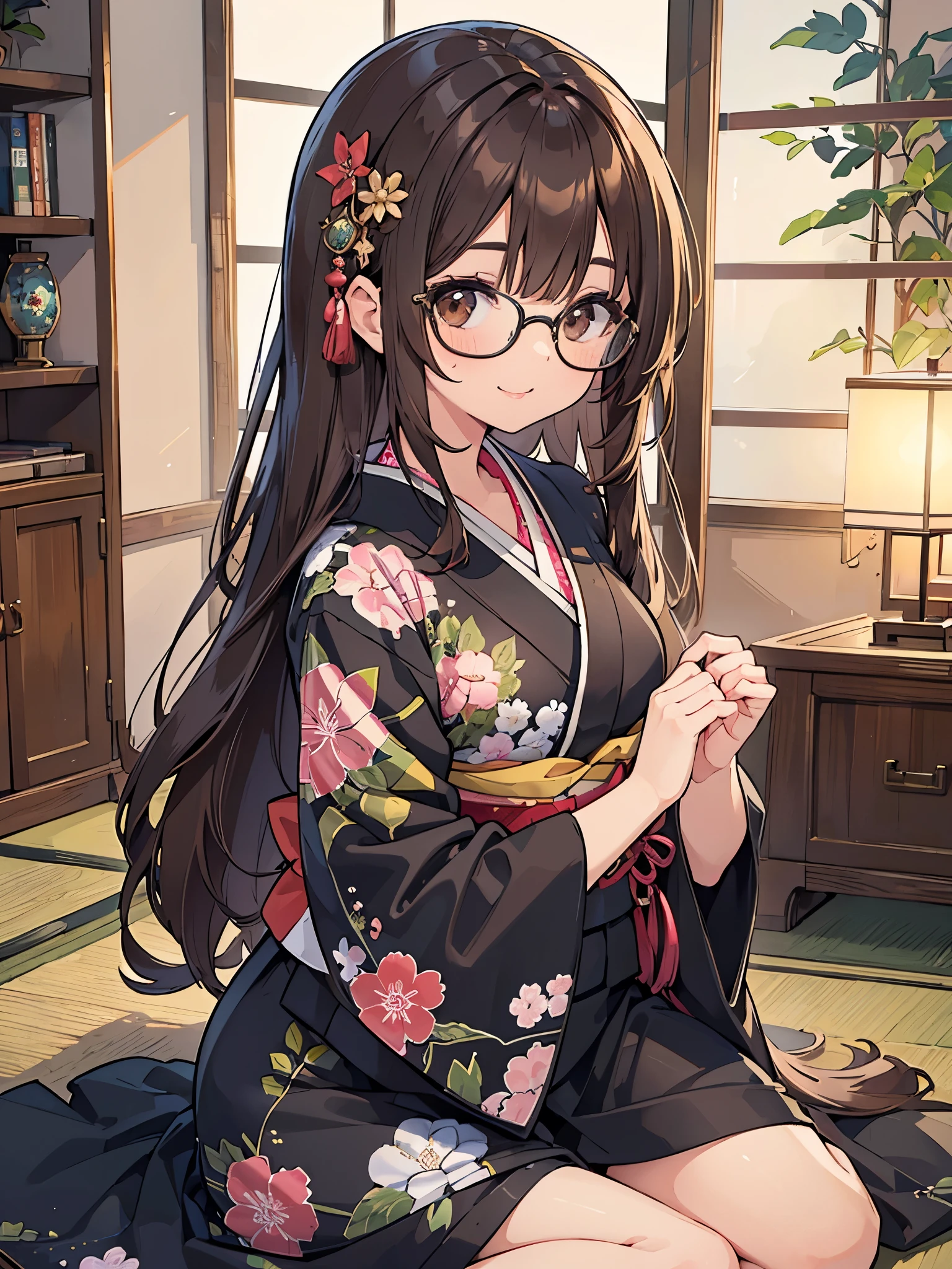 1 Female、Brown hair、Brown Eyes、Best Quality、Super detailed、8 Resolution、Raw photo、Mastepiece、Perfect Body、high resolution、highest quality、Detailed drawing、Vibrant colors、lure、smile、Long Hair、Black-rimmed glasses、Captivating breasts、Right eye wink、kimono、Japanese-style room
