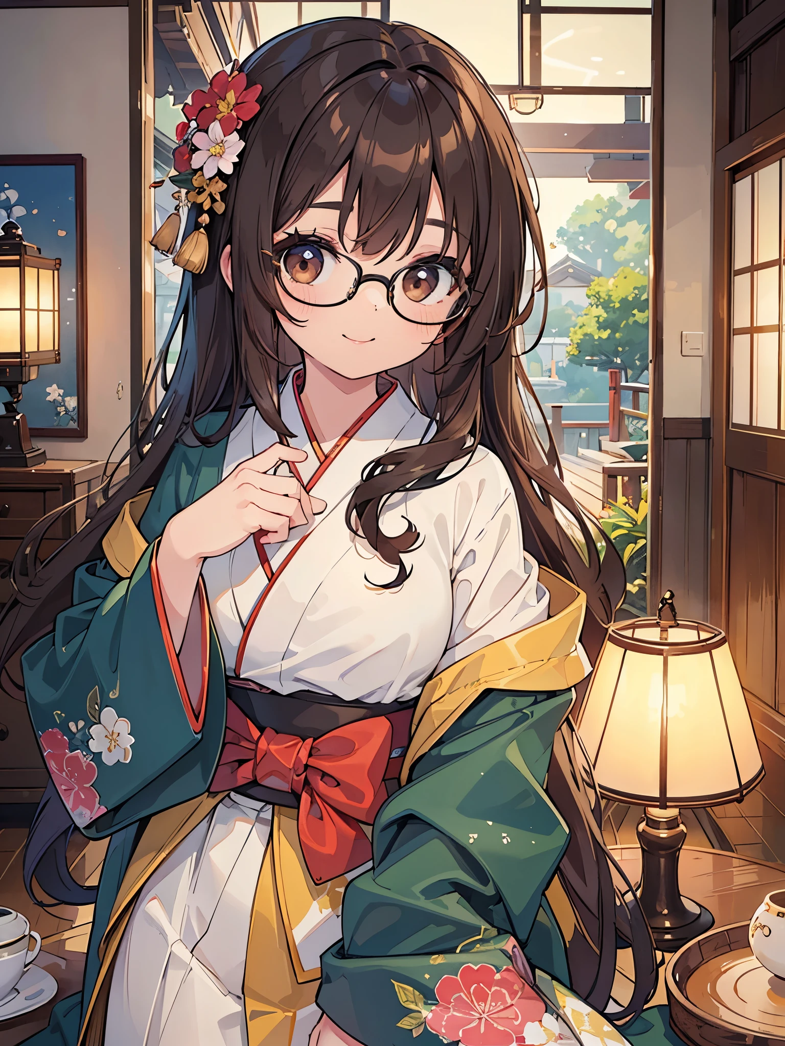 1 Female、Brown hair、Brown Eyes、Best Quality、Super detailed、8 Resolution、Raw photo、Mastepiece、Perfect Body、high resolution、highest quality、Detailed drawing、Vibrant colors、lure、smile、Long Hair、Black-rimmed glasses、Captivating breasts、Right eye wink、kimono、Japanese-style room