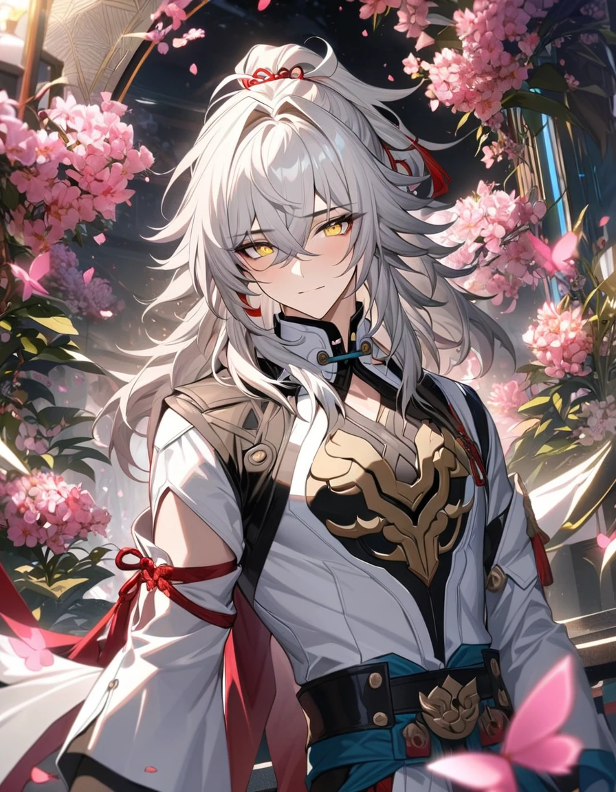 (absurdres, highres, ultra detailed, HDR) master piece, best quality, perfect face, Jing Yuan, white hair, expressive yellow eyes, Honkai Star Rail, solo, sexy man, handsome, white clothes, black gloves, glass pink flowers, glass pink petals, glass pink butterflies, glass garden, glass blossoms, everything made with glass