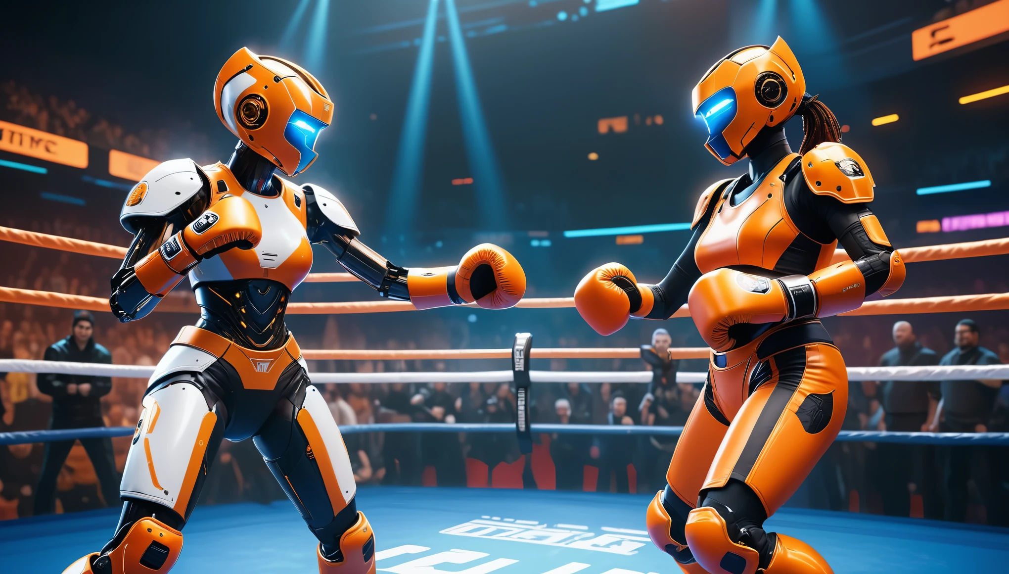 A female robot and male humanoid in boxing gloves face each other in the ring, they fight in the cyberpunk style, with bright colors and an orange color scheme, people cheering behind them. It was an unreal engine 5, cinematic shot with high resolution photography.