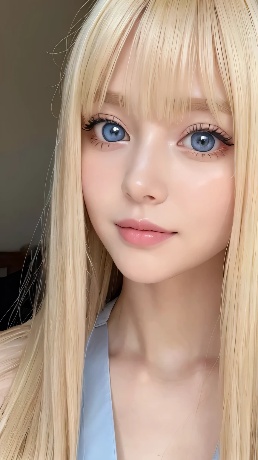 (Close-up:1.4)、(RAW shooting:1.2)、(Photorealistic:1.4)、(masterpiece:1.3)、(highest quality:1.4)、Bright expression、very beautiful blonde girl、Extraordinary blonde beauty、Detailed cute and beautiful face、Beautiful bangs、Shiny white glossy skin、Facial hair、Bangs that reach the face、Bangs between the eyes、Super long blonde hair、Attractive bright platinum blonde super long straight silky hair、Thin Hair、Attractive shining beautiful bright clear light blue big eyes、White Apron、Yellow dress、eyeliner、Double eyelids、Ample Bust、Upper body、