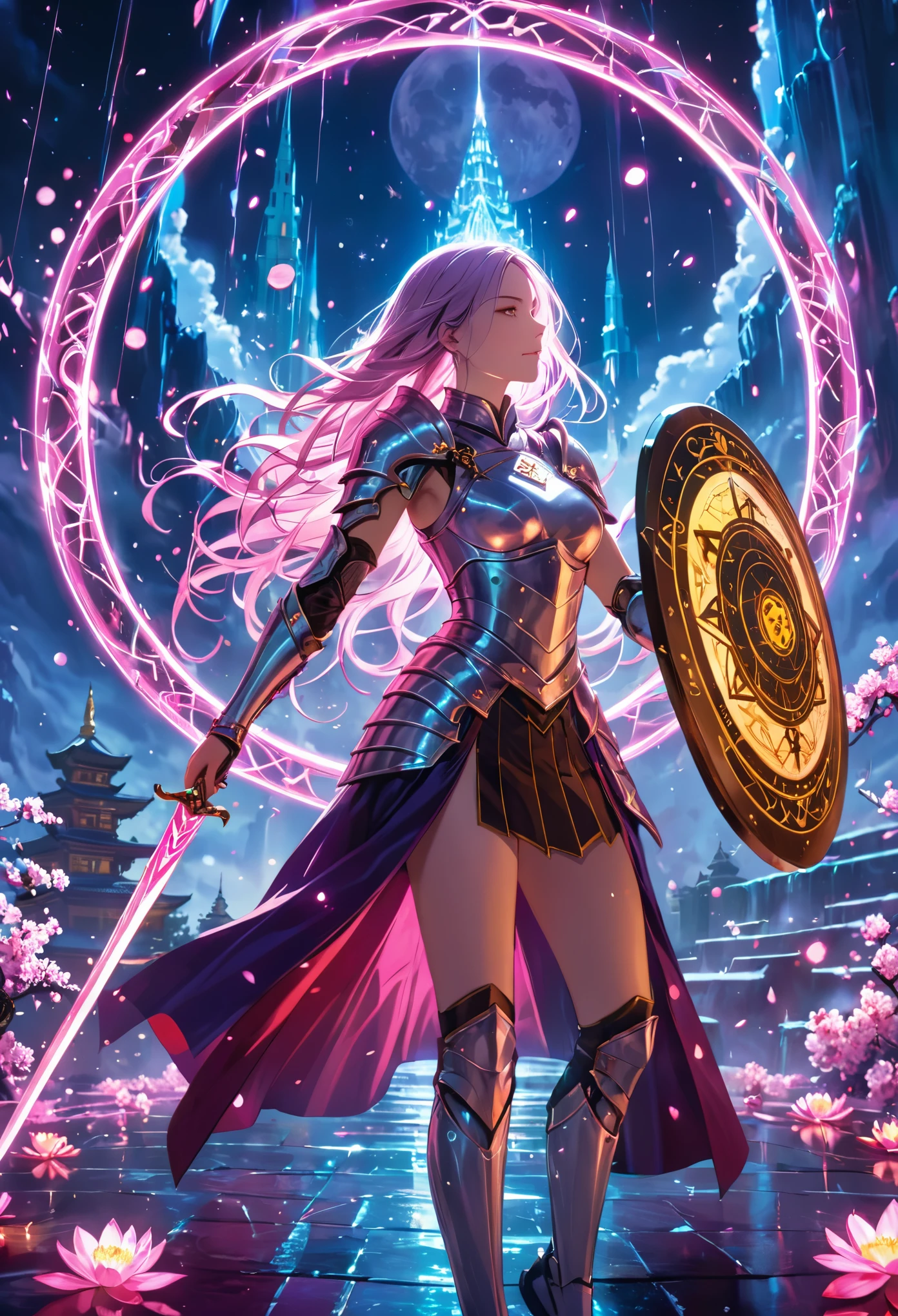 (best quality, masterpiece:1.2), ultra-detailed, A huge sword, ancient glowing symbols on the Shield, a girl wearing armor, （riding a unicod：1.8）, Cuvry Pose, Dynamic Action, long flowing hair, silver armor, electric arc hexagram magic circle background, magical effects, detailed magic circle, detailed hexagram, thick breath mist, vivid color, temple, flower, moon, wind, Surrealism, 4k, 8k, highres, best quality, highres, anatomically correct, textured skin