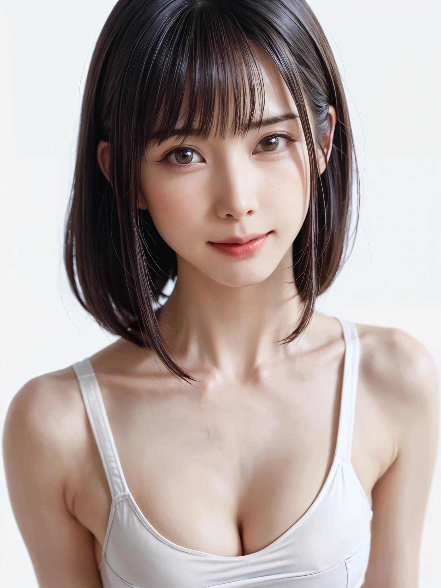 1 girl, alone, Beautiful Skin, very detaileded, ultra detaileded, Ultra-high resolution, (Photorealism:1.4), (highest quality), (Best Shadow), detailed, Perfect lighting, Black Hair, ((Showpiece, highest quality, High precision)), One Girl, (Realistic: 1.4), (look up at the camera even a little, カメラをlook up, look up, look up at the camera, Looking into the camera))), alone, White Background, snow-White Background, shut up., smile, pretty Black Hair, short hair:1.6, Big eyes, Beautiful double eyelids, eyelash, listen, Long neck, 美しいLong neck,Show off your beautiful ears、Slightly wider shoulders、Beautiful Lips、 Absolute area, ((Face close-up, short hair with bangs、Short Bob Hair:1.5、Off the shoulder)), 19 years old, Attractive proportions, Shiny skin, Beautiful clavicle, Golden ratio face, Perfect Face, Teardrop-shaped mole, Mole on chest, bangs, clean bangs, beautiful bangs, Lip gloss, Thin lips, White skin, I took off my clothes, Small face, Small face, 少し上を向いてLooking into the camera, ((smile a little for the camera, really nothing pure White Background, Listen carefully, big 胸、Dynamic Angle:1.5))