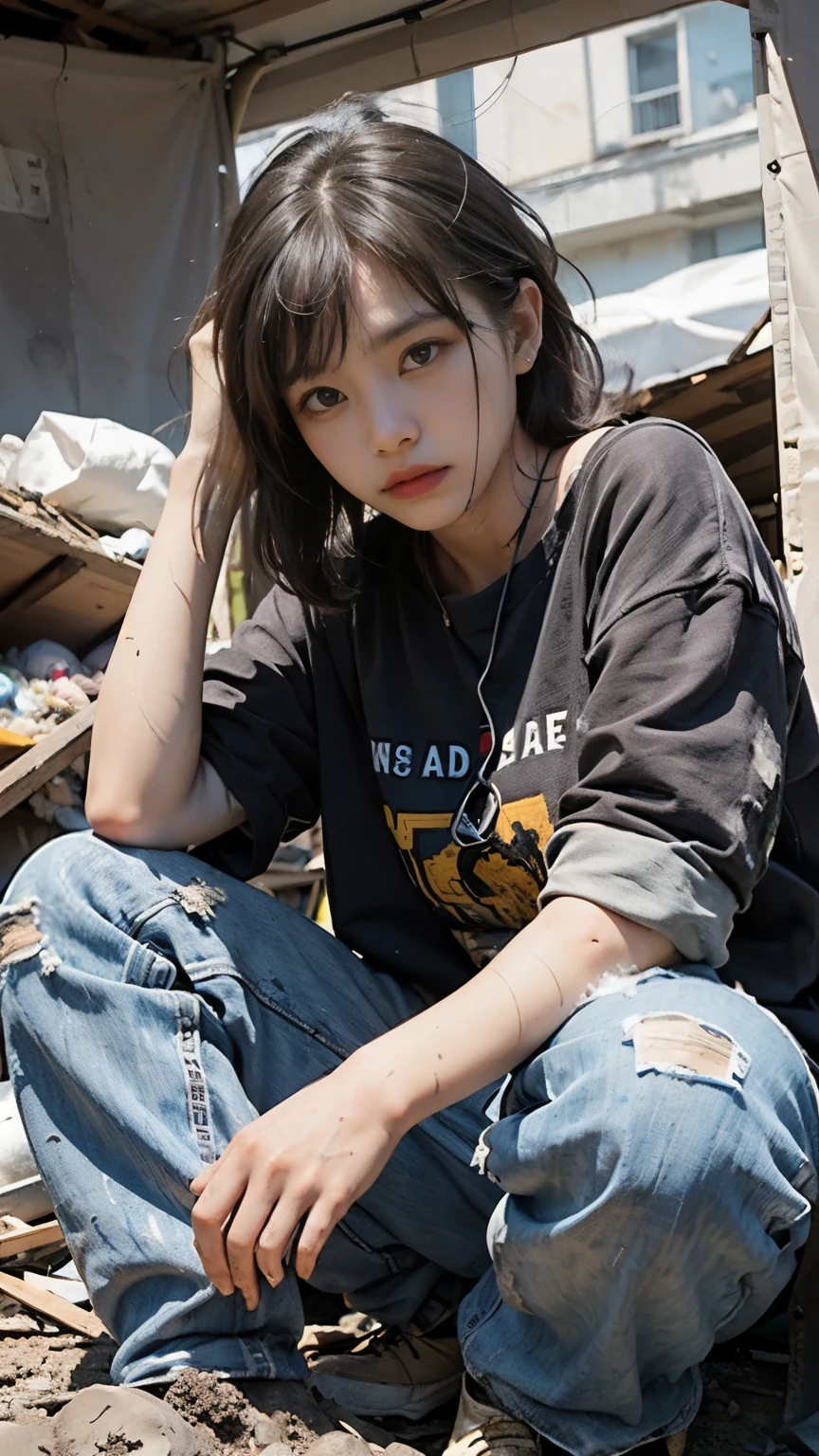 18-year-old,(((Homeless))),Full of trash,Korean women,Pitch black,Tattered clothes,(((The collapsed room))),(((Garbage dump))),Crouching,((( in a destroyed city,Oil,Mud stains,shit,dirty))),(((Frowning,カメラをGlaring))),((((Rubble pile))),After the disaster,Very fine eye, junk,((Inside the barrack tent)),((refuge)),(((He&#39;s wearing a tattered and dirty black hoodie.,Wearing baggy pants))),(((Collapsing Building))),(((Tragic))),((photograph)),(((Fabric Shading))), (((highest quality))), (((masterpiece))) strong girl, ((((Realistic)))),,Black Hair, chic hairstyle, ((With bangs,Straight medium bob cut, nice hair)), Light makeup,Red eyes, (((I&#39;m not wearing lipstick))), (nice, strong), (((Strong night atmosphere))), Centered Images, Looking at the camera, Elegant colors,Realistic Skin,Realistic texture,８k,whole body,Pale skin,Red iris,Expressionless,Glaring,Perfect Face,(((Big eyes)))