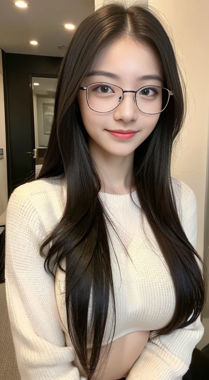 ((highest quality, 8k, masterpiece :1.3)), One girl, Beautiful woman with slim abdominal muscles: 1.3, (Long Hair, Big Breasts: 1.2), Office Casual: 1.2, Black-rimmed glasses,Very delicate face, Delicate eyes, double eyelid, smile, Home