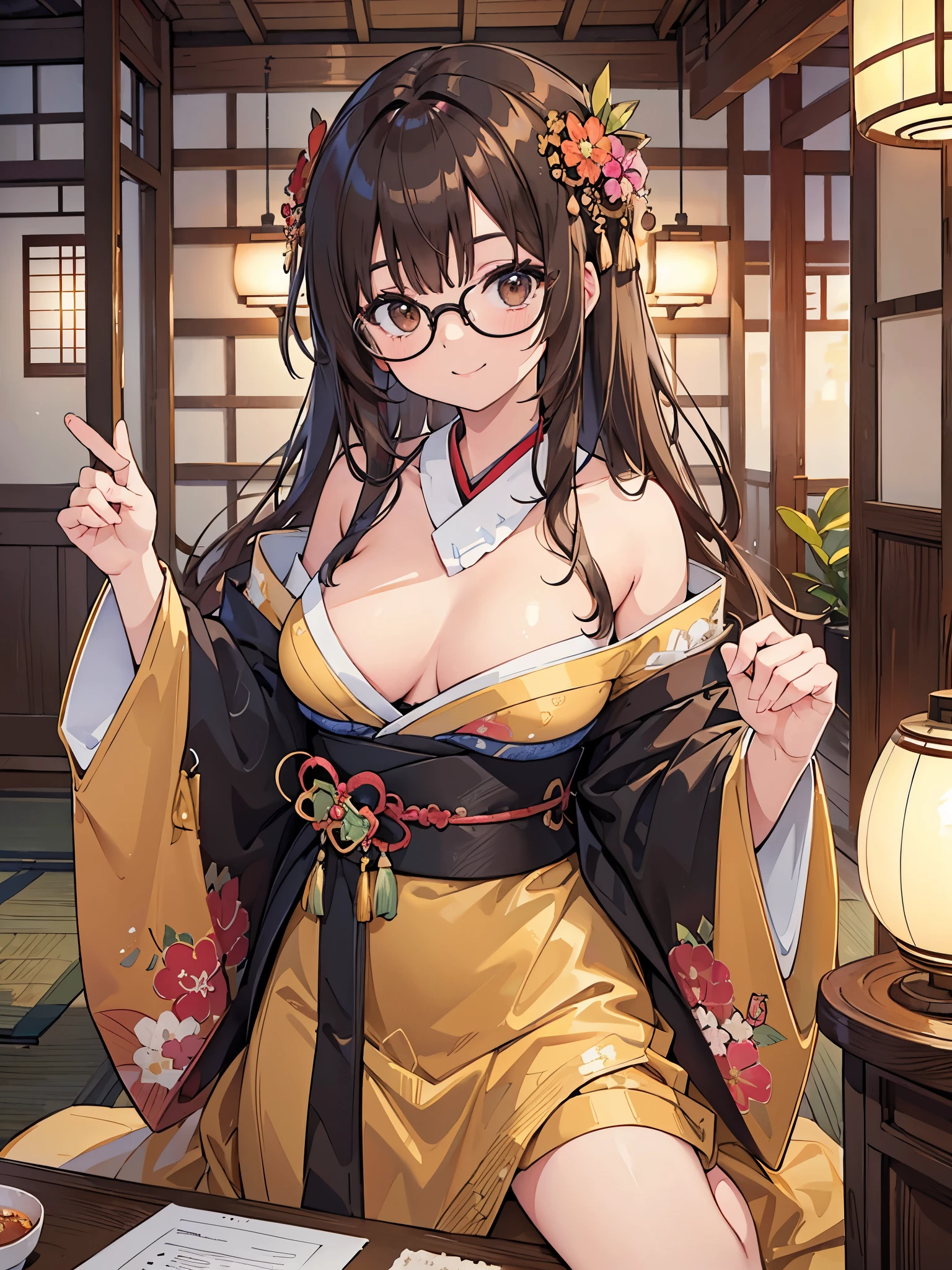 1 Female、Brown hair、Brown Eyes、Best Quality、Super detailed、8 Resolution、Raw photo、Mastepiece、Perfect Body、high resolution、highest quality、Detailed drawing、Vibrant colors、lure、smile、Long Hair、Black-rimmed glasses、Captivating breasts、Right eye wink、kimono、Japanese-style room