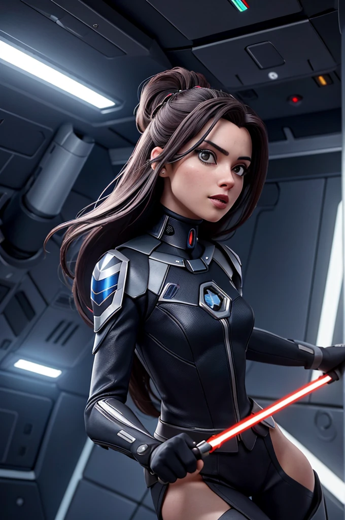 (8k obra-prima de alta qualidade, 1 mulher sexy, perspectiva preta: 1.1, rosto ultra-detalhado) Um Grande Mestre Jedi de Star Wars no estilo de Mark Demsteader, uma mestra Jedi, guerreiro de Star Wars Jedi com seu sabre de luz, luz verde, contato visual, foco, fundo em ambientes fechados, na galaxia, on a spacestation, Inside Empire Ship, precision, ((((cinematic visual)))), tons suaves, detalhes insanos, detalhes intrincados, hiperdetalhado, baixo contraste, soft Cinematic Light, cores escuras, exposure blending, hdr, desbotadas, slate grey atmosphere, with sexy expression, olhos penetrantes, corpo inteiro, cabelos escuros, face expression. (sexy:1.33), (Paquera, olhar amoroso, desejo), ((textura natural da pele))(peito nu: 0.5), (Mama pequena:0.8), bunda grande, up to, (:1), ((high angle,sharp focus)),(Estilo Redshift), Foto RAW, disco Rigido, RTXSERIES, 4k, 8k, disco Rigido, ((foto ultra realista, melhor qualidade, master part, Realistic,melhor sombra,best ilumination,detail up to,))