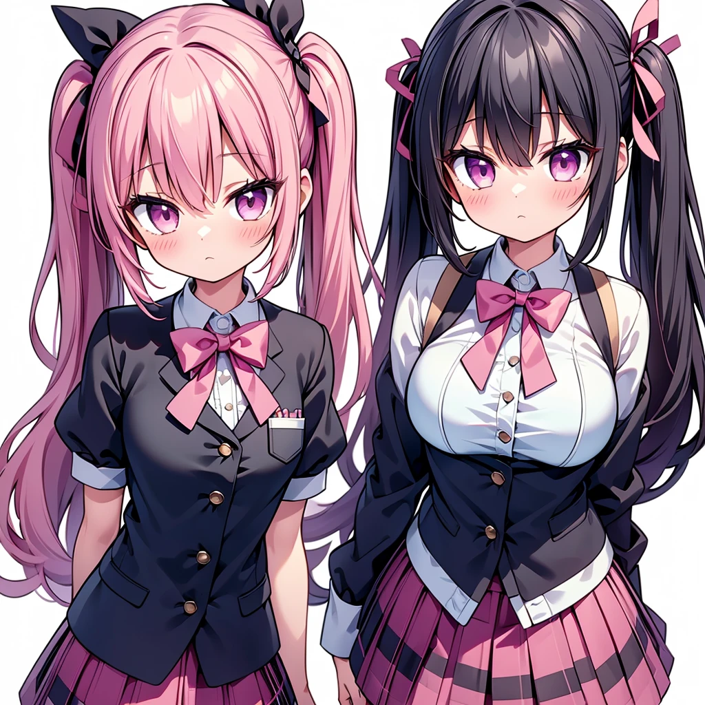 Two Girls, akemi homura, Alternative Breast Size, Black Hair, black hair band, bow, Breast Press, hair ribbon, hair band, kaname madoka, Long Hair, View your viewers, mitakihara , Multiple Girls, Pink Eyes, Pink Hair, Plaid, Plaid skirt, Purple eyes, ribbon, , short hair, short Twin tails, Simple Background, skirt, Symmetric docking, Twin tails, White Background, lily