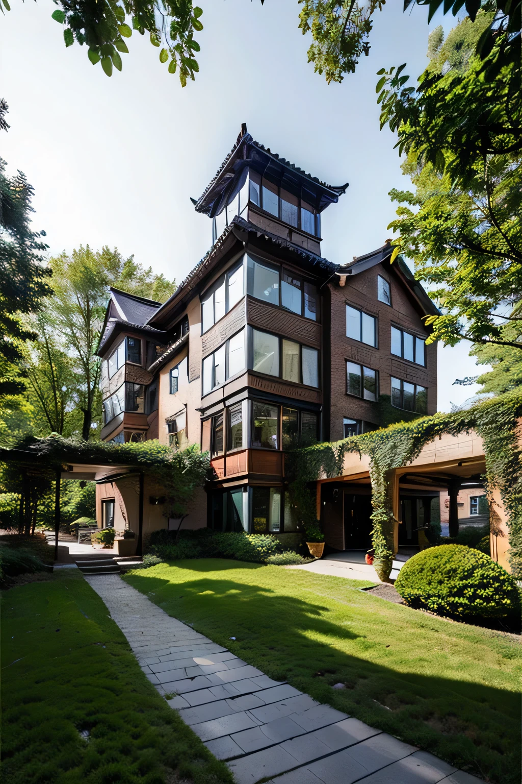 ((best quality)), ((masterpiece)), (detailed), A manor sits on a vast green land,Surrounded by lush trees and manicured gardens。The architectural style of the manor is full of Victorian features,The red brick walls and grey slate roofs contrast with each other,Looks particularly solemn and elegant