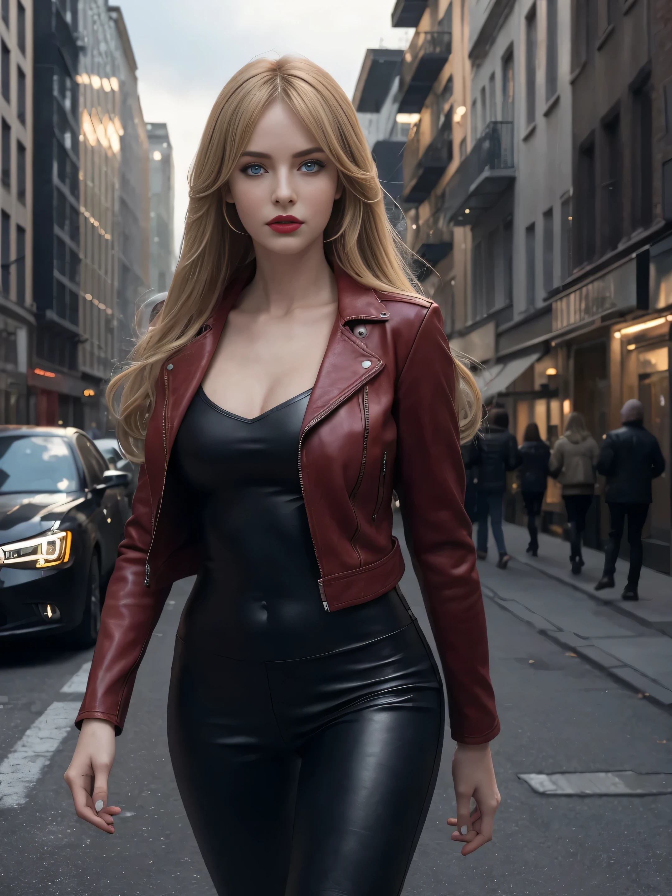 full body Realism, 16-year-old girl, long blond hair, bangs falling on her face, blue eyes, slightly open mouth, red lips, beautiful hairstyle, light makeup, large round breasts, in a leather jacket, tight leather pants, beautiful shoes on her feet, walking city street in the background , detailed appearance, detailed hairstyle, detailed environment, detailed background, dark futuristic dead city in the background, the photo was taken with a photorealistic SLR camera, resolution full hd, 8K