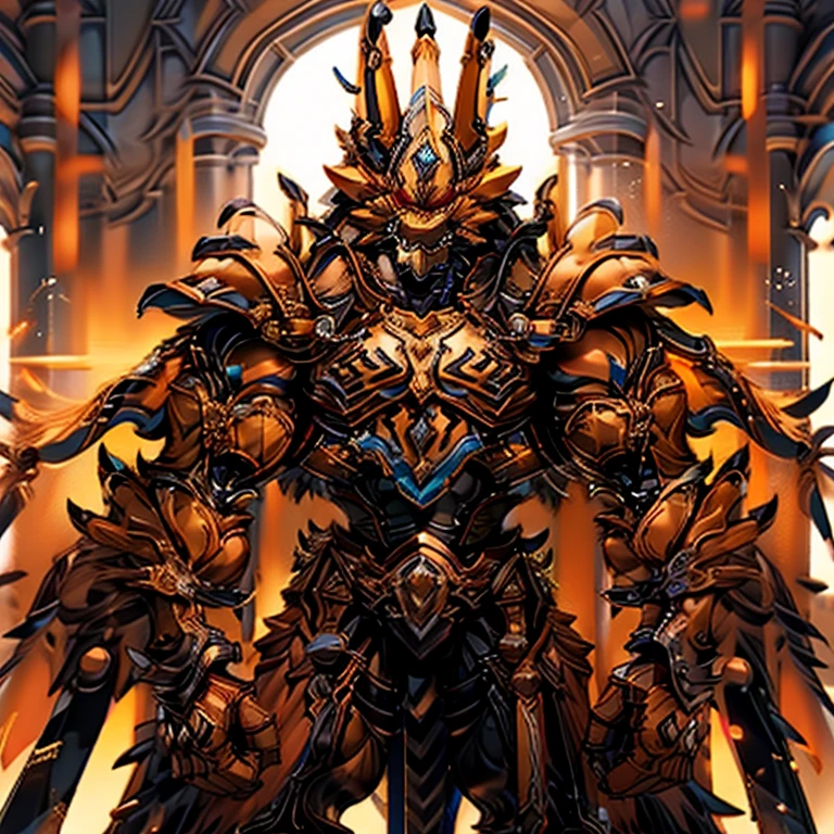 (masterpiece, best quality, detailed:1.2) (Pokémon) detailed full body, incineroar, full body, Furry Heroes, The main color is yellow, sparkling skin, Vibrant colors, 4K, GOLD armor, Its full plate armor emphasizes the muscles. a knight's mechanical armor, glowing wide and heavy armor, Gigantic incineroar, big muscle (pecs, triceps, traps) unusually developed muscular body, body full of huge muscles. showing off muscles, pectorales enormes. Exaggeratedly huge muscles. Gigachad Muscular, whole body shines like metal. He wears a black cloak on his back. The cloak is so long that it touches the ground, futuristic city,