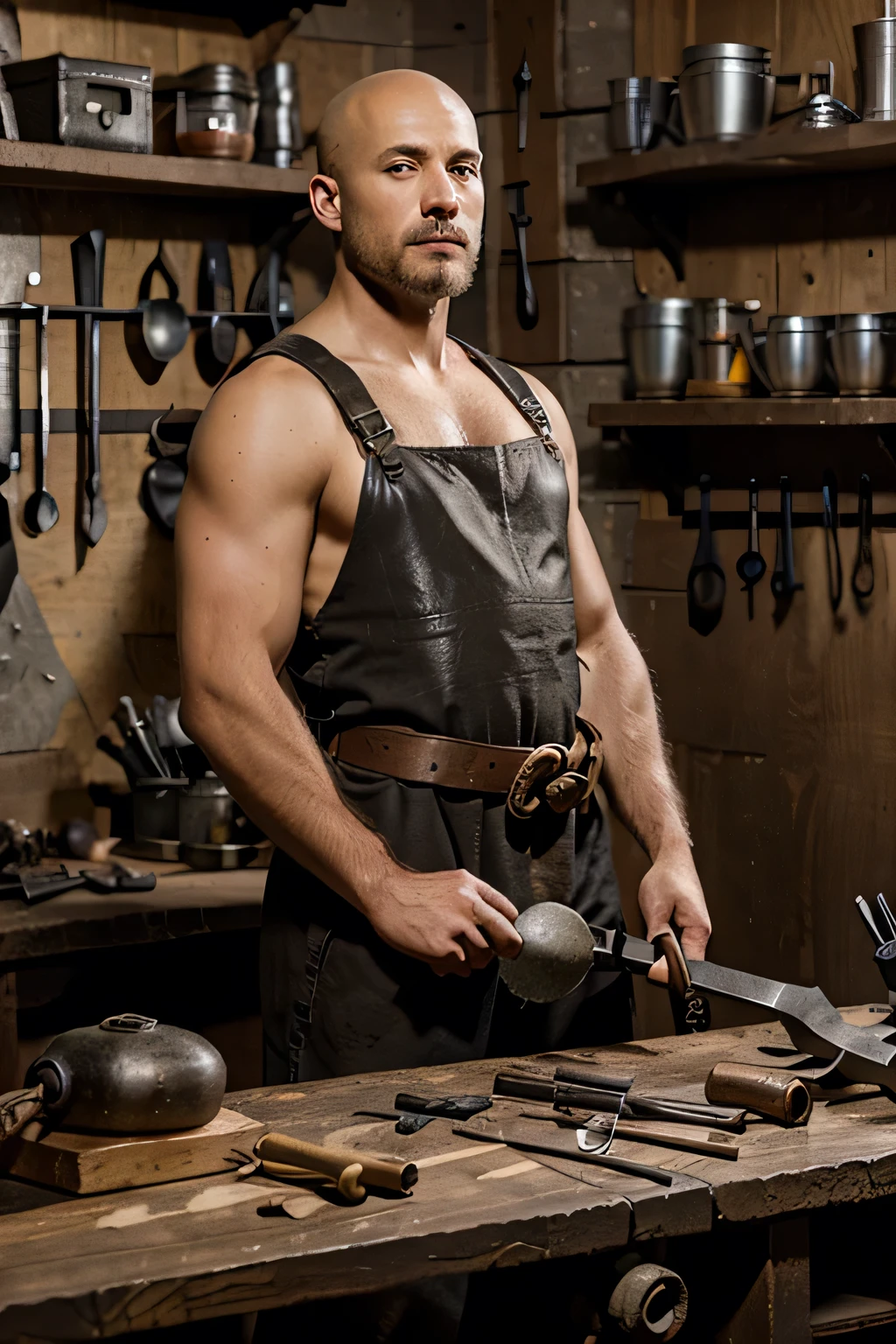 Fullbody view of bald medieval fantasy blacksmith sitting near workbench in workshop filled with tools