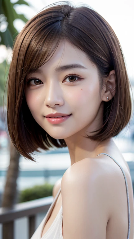 (((Shoulder-length brown hair with straight mini bob、Loose hairstyle)))、(((Summer park in the background、Pose like a model at a hair salon)))、(((Random cute summer casual outfits)))、Face close-up、Half Japanese and half Korean、18-year-old girl、Independent、Look forward、Light eye makeup、Brown Hair Color、Flat 、Hair blowing in the wind、Quality of actress、Shiny, Ultra-realistic faces、Smiling face、Watery eyes、look up、Subtle lighting effects、 Ultra-Realistic Capture、Very detailed、High resolution 16k human skin closeup。Skin texture must be natural、The details must be clear enough to identify pores.、skin is healthy、Must be of uniform tone、Use natural light and color、High quality photos taken by modeling agencies'Exclusive photographer、smile