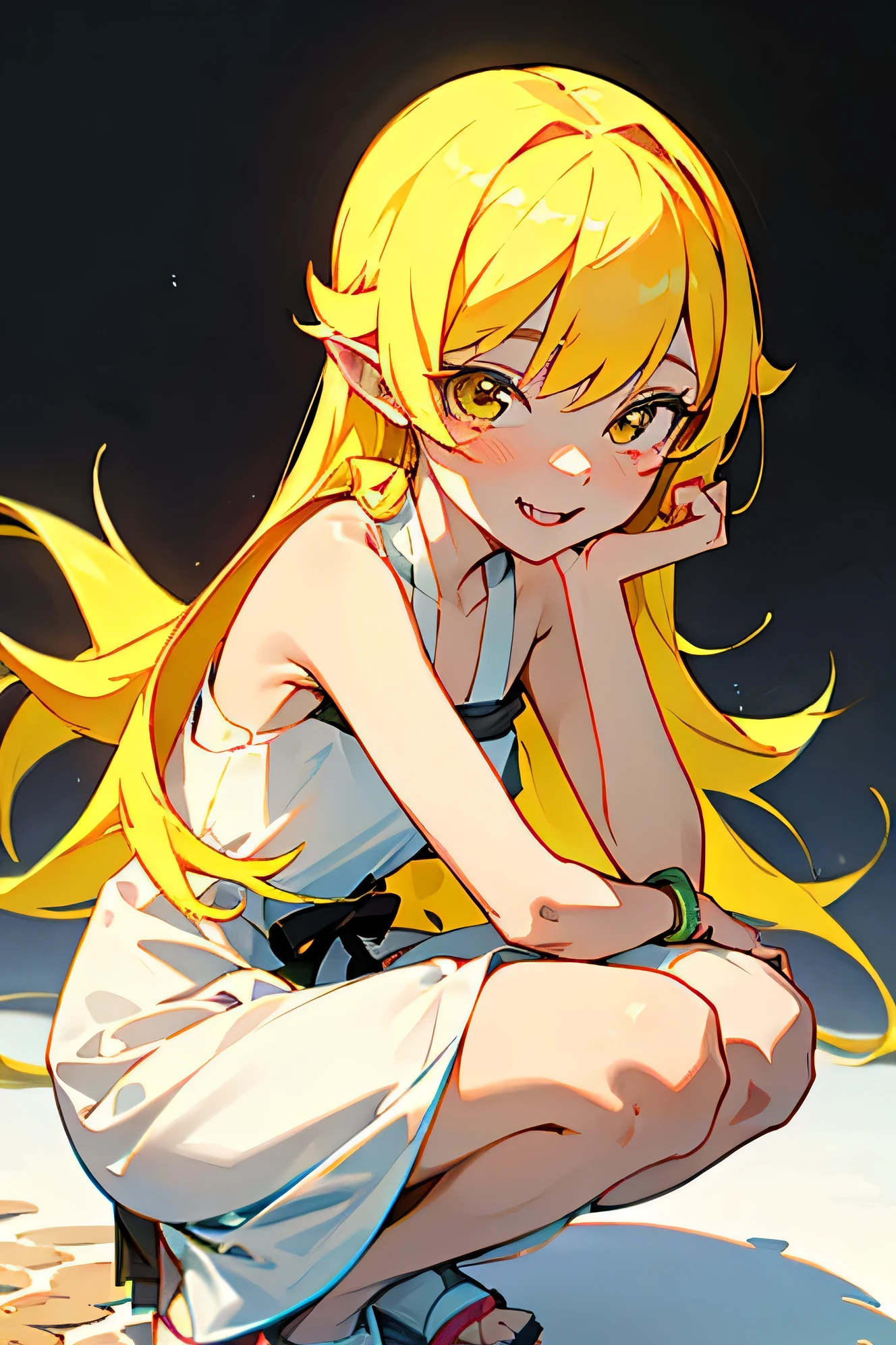 One girl, alone, woman, (Oshino_Ninja),(blonde) (blonde_hair), (yellow_hair), ((length_hair)), ((Front hair)), (yellow_eye), blush, cute, An innocent smile, Spiky_ear, (blush_Stickers), flat_chest,
dress, bow, bracelet, Fangs, Portrait Global Illumination, hdri, Scattered beneath the surface, masterpiece, 4K, Ray Tracing, beautiful, sharp, Smooth skin,Simple Background、White background、White dress、Attractive thighs、squatting