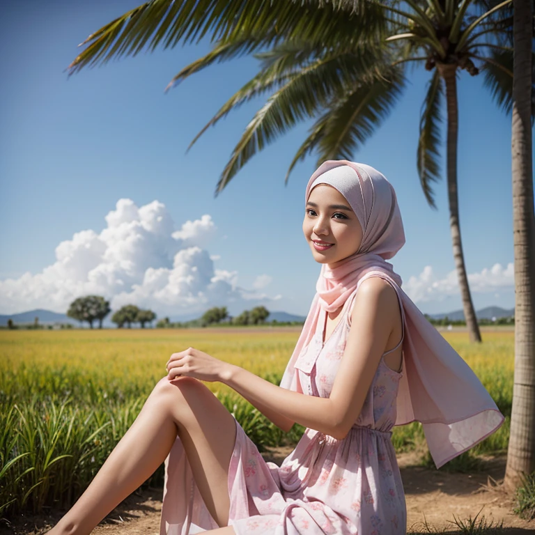 TYPE : Beauty Photography
THEME : islamic , moslem
RACE : Indonesian, young
PERSON 1 : Early 20s, woman, D cup breasts size. Slim, Slender, thin and tall body, white skin, beautifull face, perfect face
SCENE : outdoor, sitting in the middle of a field of very tall and beautiful sugarcane, side view , full filled with tall sugarcane , wind blowing effect, beautiful expression , graceful pose .smile at camera
PROPS: : fields of tall sugarcane, blue sky , wearing soft pink patterned long hijab , wearing super transparent long gamis, wind blow, unbuttoned loose opened, showing breasts and the nipples.
CAMERA : photographed using an Canon eos 90d DSLR camera with 18-135mm lens , detail skin texture , detailed face  , low exposure
ANGLE : High Dynamic Range (HDR) shot
