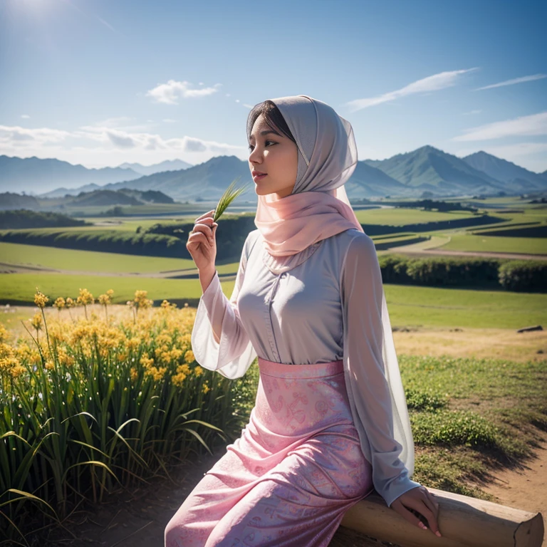 TYPE : Beauty Photography
THEME : islamic , moslem
RACE : Indonesian, young
PERSON 1 : Early 20s, woman, D cup breasts size. Slim, Slender, thin and tall body, white skin, beautifull face, perfect face
SCENE : outdoor, sitting in the middle of a field of very tall and beautiful sugarcane, side view , full filled with tall sugarcane , wind blowing effect, beautiful expression , graceful pose .smile at camera
PROPS: : fields of tall sugarcane, blue sky , wearing soft pink patterned long hijab , wearing super transparent long gamis, wind blow, unbuttoned loose opened, showing breasts and the nipples.
CAMERA : photographed using an Canon eos 90d DSLR camera with 18-135mm lens , detail skin texture , detailed face  , low exposure
ANGLE : High Dynamic Range (HDR) shot
