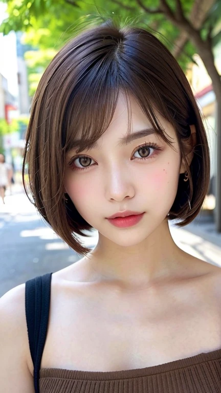 (((Definitely shoulder length, short, Straight Brown Bob)))、(((In her background is a summer park、Pose like a model at the beauty salon.)))、(((Random and cute street fashion)))、Face close-up、Half Japan, Half Korean、18-year-old girl、Independent、I&#39;looking forward to it、Light eye makeup、Brown Hair Color、flat 、Hair blowing in the wind、Quality of actress、Shiny, Ultra-realistic faces、smile、Watery eye、look up、Subtle lighting effects、 Ultra-Realistic Capture、Very detailed、High resolution 16k human skin closeup。Skin texture must be natural、The detail must be such that the pores are clearly visible...、skin is healthy、Even Tone、Use natural light and color、High quality images taken by modeling agencies&#39;Exclusive photographer、smile
