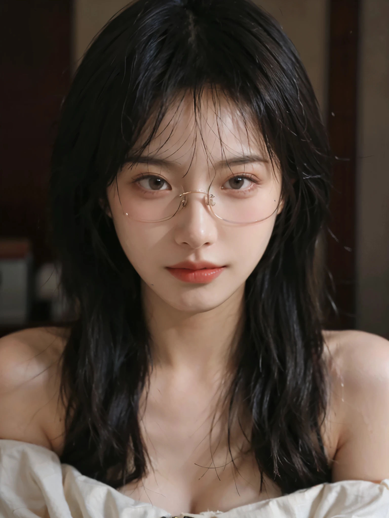 Film portrait photography, 1 girl, bare shoulders,lipstick,(flat chest:1.4), Shoulder length wavy hair, wear glasses,serene, calm, (Realistic and detailed eyes, natural skin texture, Realistic facial details), Soft dramatic lighting, depth of field, Bokeh, Vibrant details, detailed meticulous, hyper-realistic, 35mm film, hazy, ,
