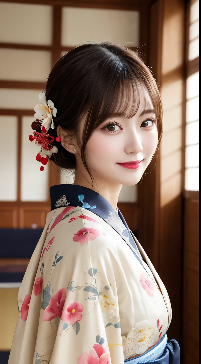 whole body, highest quality, figure, Very detailed, In detail, High resolution, 8k wallpaper, Perfect dynamic composition, Beautiful fine details, kimono,Medium Hair, Center of chest, Natural color lip, Random sexy poses,smile,Japanese-style room,Flower Hair Ornaments,