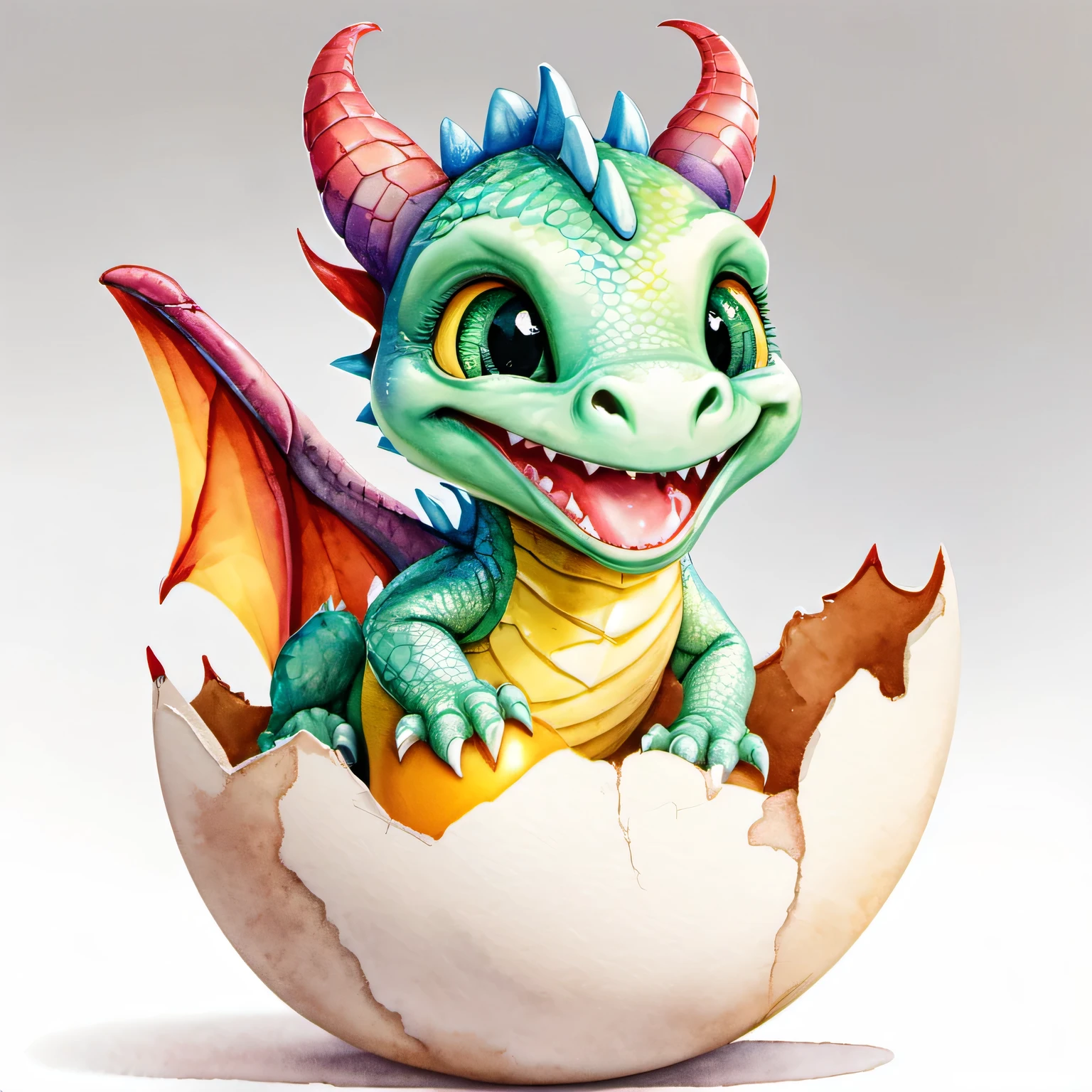 A whimsical watercolour baby dragon, its playful expression as it hatches from its egg and explores its new world realistic, cracked egg, multi-colour, short limbs, adorable, round, short, clean draw, without hair, with wings, white background, full Illustration, 4k, sharp focus, watercolour, smooth soft skin, symmetrical, soft lighting, colourful, red, green, yellow