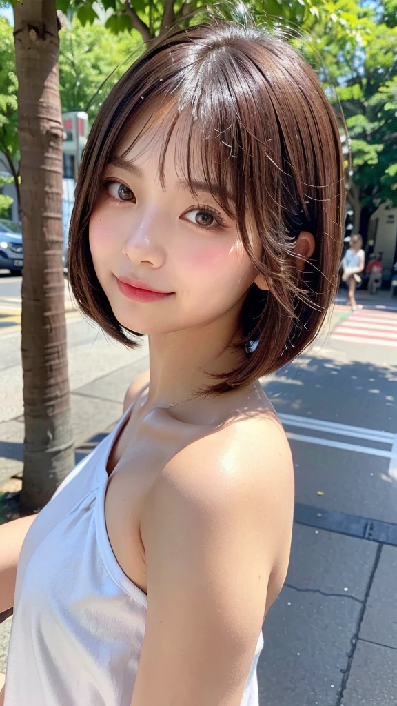 (((Definitely shoulder length, short, Straight Brown Bob)))、(((In her background is a summer park、Pose like a model at the beauty salon.)))、(((Random and cute street fashion)))、Face close-up、Half Japan, Half Korean、18-year-old girl、Independent、I'looking forward to it、Light eye makeup、Brown Hair Color、flat 、Hair blowing in the wind、Quality of actress、Shiny, Ultra-realistic faces、smile、Watery eye、look up、Subtle lighting effects、 Ultra-Realistic Capture、Very detailed、High resolution 16k human skin closeup。Skin texture must be natural、The detail must be such that the pores are clearly visible...、skin is healthy、Even Tone、Use natural light and color、High quality images taken by modeling agencies'Exclusive photographer、smile