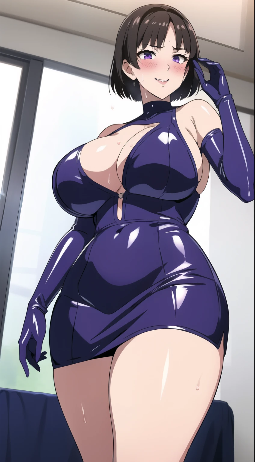 masterpiece, 1 girl, alone, Shortcuts, , honest "Queen" Niijima (honest Niijima) -person、Looking at the audience, Big Breasts, Mature Woman, blush, smile, Black Hair、Lilac eyes, Pink Bed, Mature Woman,Black latex gloves,Purple off-the-shoulder latex suit,Purple Skirt,Purple off-the-shoulder latex,Purple latex skirt,Latex shirt,Purple latex off-shoulder shirt,Armpit sweat, pose standing thigh sex,Big thighs, From Below pov
