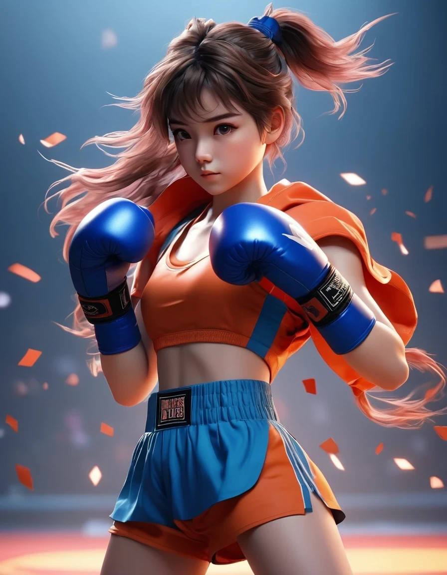 A very cute girl boxer, Boxing Match,cute avatar, anime style, soft color palette, apocalypse, 3D rendering, OC rendering, high detail, solid color background, Unreal Engine