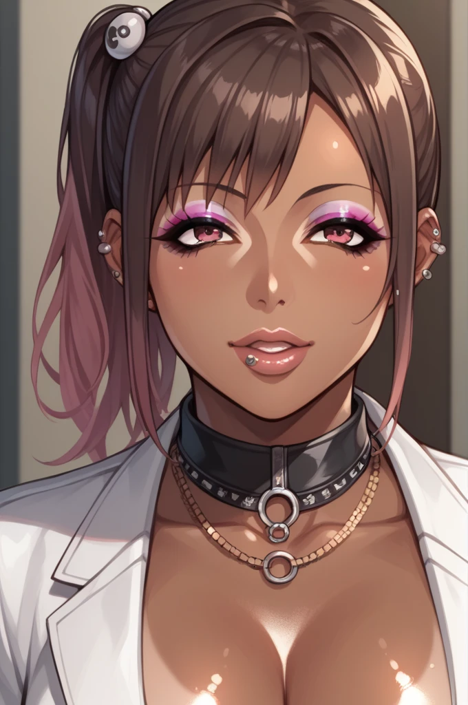 Score_9, score_8_up, score_7_up, score_6_up, score_5_up, score_4_up, source_anime, solo, 1girl, mature female, honoka_\(DOA\), dark skin, dark-skinned female, makeup, eyeshadow, Ganguro, dark skin, dark-skinned female, eyeshadow, piercings, tanned skin, shiny skin, metallic tan,