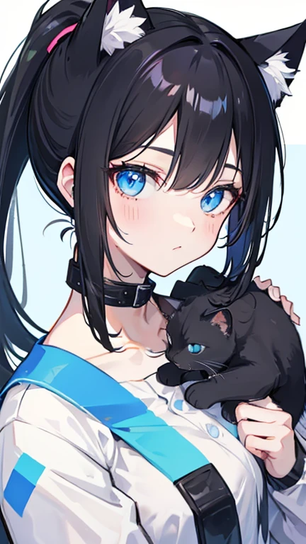 ponytail,Black Hair,Cat ear,Light blue eyes,Cat&#39;s Tail,Black suit,woman,anime,slender,Black tights,pants,Glare,Embarrassed