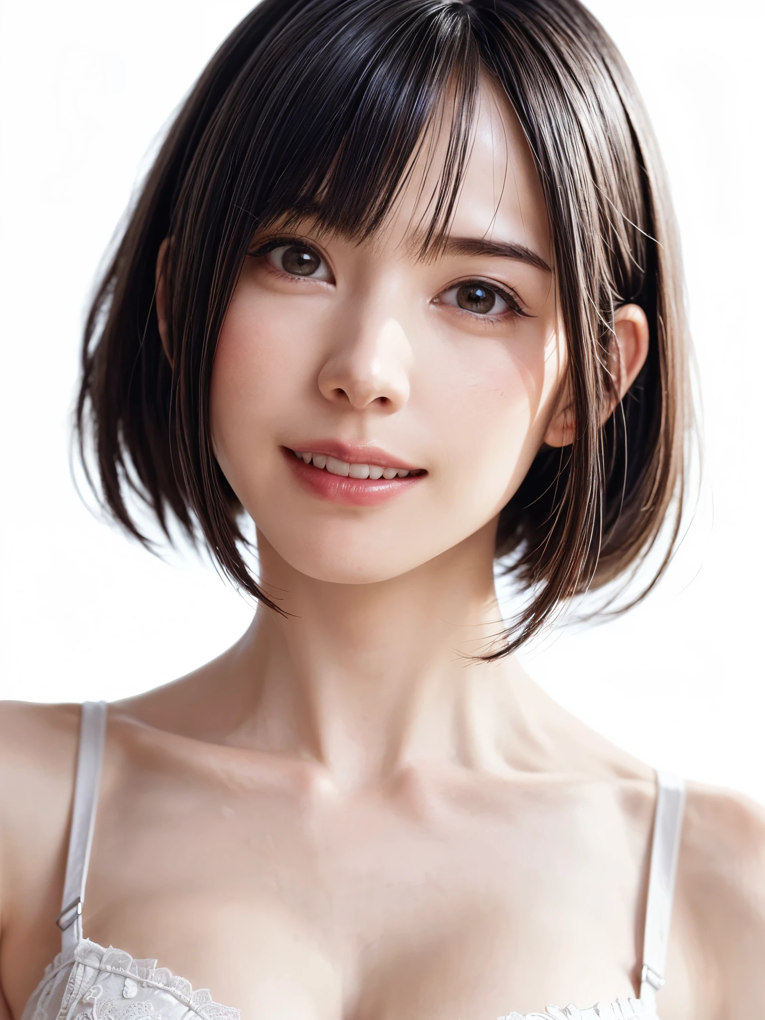 1 girl, alone, Beautiful Skin, very detaileded, ultra detaileded, Ultra-high resolution, (Photorealism:1.4), (highest quality), (Best Shadow), detailed, Perfect lighting, Black Hair, ((Showpiece, highest quality, High precision)), One Girl, (Realistic: 1.4), (look up at the camera even a little, カメラをlook up, look up, look up at the camera, Looking into the camera))), alone, White Background, snow-White Background, shut up., smile, pretty Black Hair, short hair:1.6, Big eyes, Beautiful double eyelids, eyelash, listen, Long neck, 美しいLong neck,Show off your beautiful ears、Slightly wider shoulders、Beautiful Lips、 Absolute area, ((Face close-up, short hair with bangs、Short Bob Hair:1.5、Off the shoulder)), 19 years old, Attractive proportions, Shiny skin, Beautiful clavicle, Golden ratio face, Perfect Face, Teardrop-shaped mole, Mole on chest, bangs, clean bangs, beautiful bangs, Lip gloss, Thin lips, White skin, I took off my clothes, Small face, Small face, 少し上を向いてLooking into the camera, ((smile a little for the camera, really nothing pure White Background, Listen carefully, big 胸、Dynamic Angle:1.5))