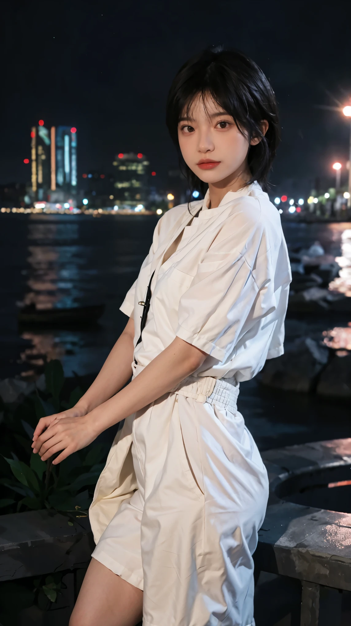 (8k, highest quality, masterpiece: 1.4), Super detailed, highest quality, Ultra-high resolution, Depth of written boundary,Ultra-Realistic Capture,(Very detailed,High definition 16K), Realistic eyes, Beautiful fine details, (Realistic Skin), Golden Ratio, Delicate eyes, cute, girl, short hair, Pink Hair, Standing in the middle of the city, (Night lights:1.4), A row of skyscrapers