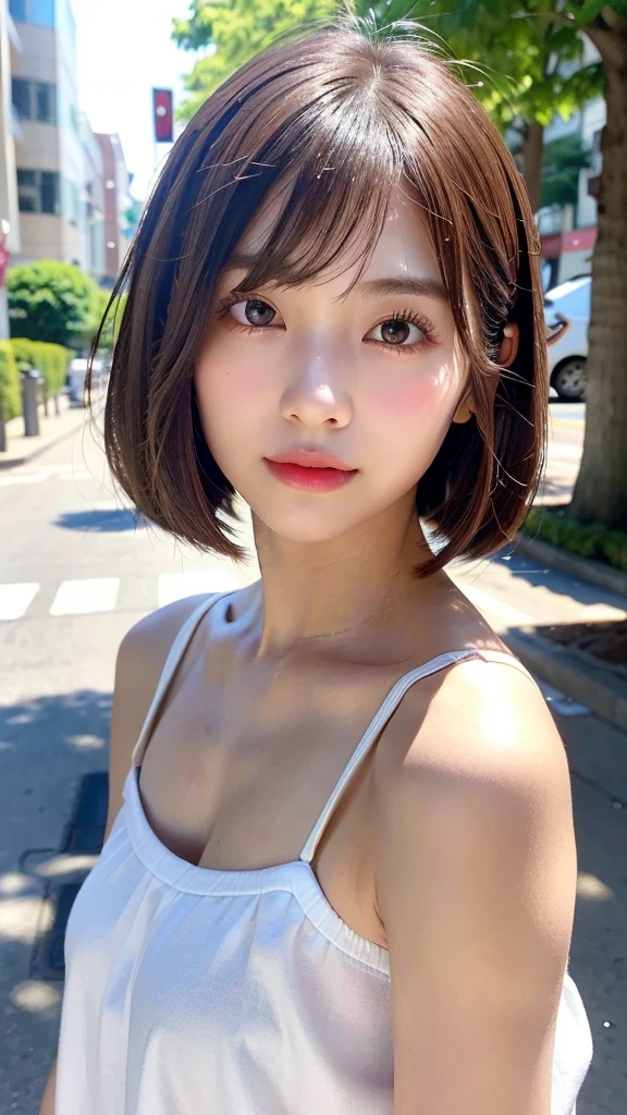 (((Definitely shoulder length, short, Straight Brown Bob)))、(((In her background is a summer park、Pose like a model at the beauty salon.)))、(((Random and cute street fashion)))、Face close-up、Half Japan, Half Korean、18-year-old girl、Independent、I&#39;looking forward to it、Light eye makeup、Brown Hair Color、flat 、Hair blowing in the wind、Quality of actress、Shiny, Ultra-realistic faces、smile、Watery eye、look up、Subtle lighting effects、 Ultra-Realistic Capture、Very detailed、High resolution 16k human skin closeup。Skin texture must be natural、The detail must be such that the pores are clearly visible...、skin is healthy、Even Tone、Use natural light and color、High quality images taken by modeling agencies&#39;Exclusive photographer、smile
