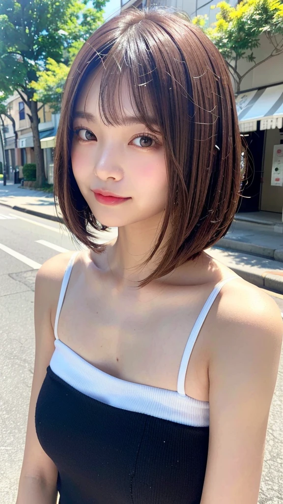 (((Definitely shoulder length, short, Straight Brown Bob)))、(((In her background is a summer park、Pose like a model at the beauty salon.)))、(((Random and cute street fashion)))、Face close-up、Half Japan, Half Korean、18-year-old girl、Independent、I&#39;looking forward to it、Light eye makeup、Brown Hair Color、flat 、Hair blowing in the wind、Quality of actress、Shiny, Ultra-realistic faces、smile、Watery eye、look up、Subtle lighting effects、 Ultra-Realistic Capture、Very detailed、High resolution 16k human skin closeup。Skin texture must be natural、The detail must be such that the pores are clearly visible...、skin is healthy、Even Tone、Use natural light and color、High quality images taken by modeling agencies&#39;Exclusive photographer、smile

