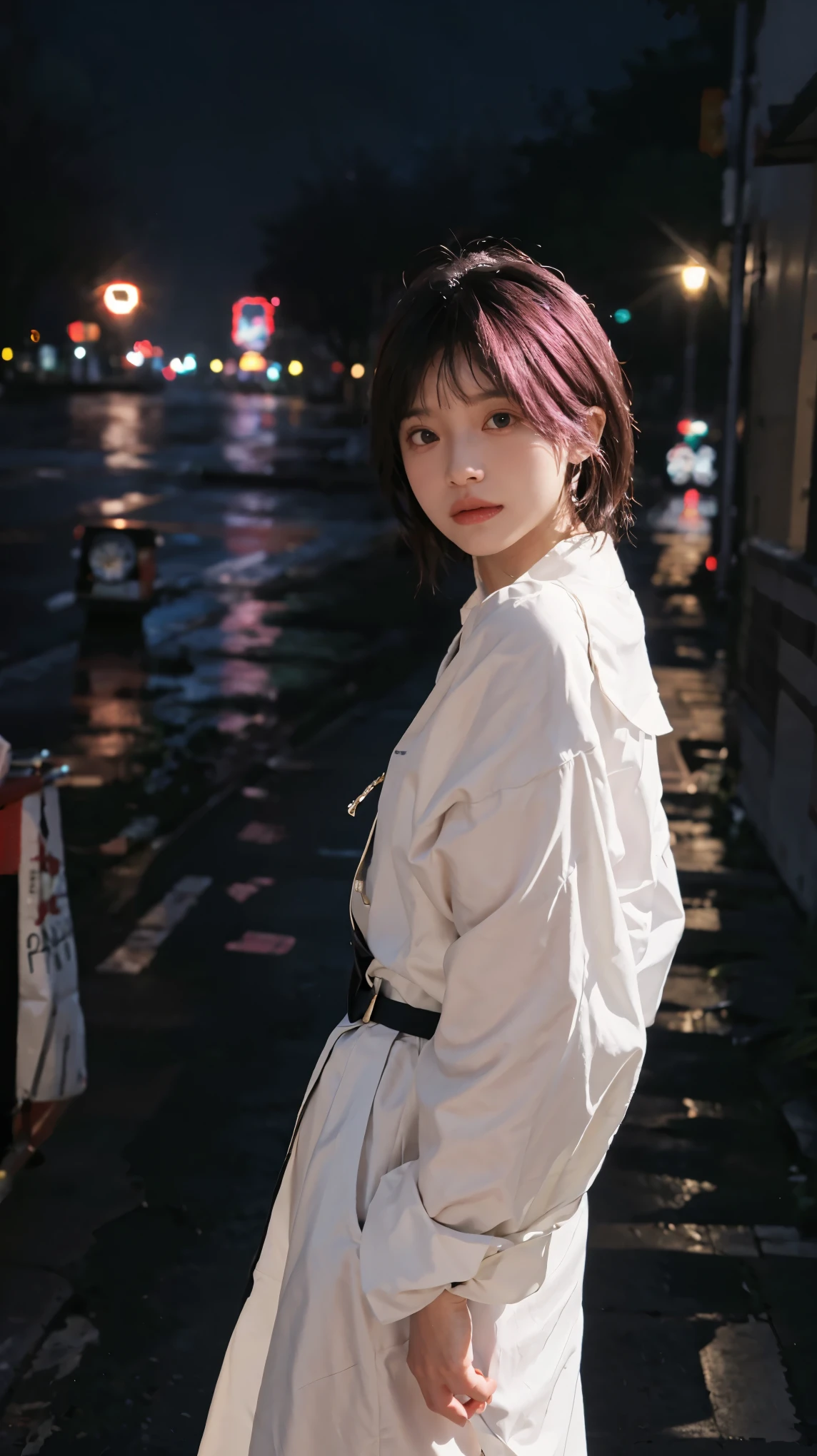 (8k, highest quality, masterpiece: 1.4), Super detailed, highest quality, Ultra-high resolution, Depth of written boundary,Ultra-Realistic Capture,(Very detailed,High definition 16K), Realistic eyes, Beautiful fine details, (Realistic Skin), Golden Ratio, Delicate eyes, cute, girl, short hair, Pink Hair, Standing in the middle of the city, (Night lights:1.4), A row of skyscrapers