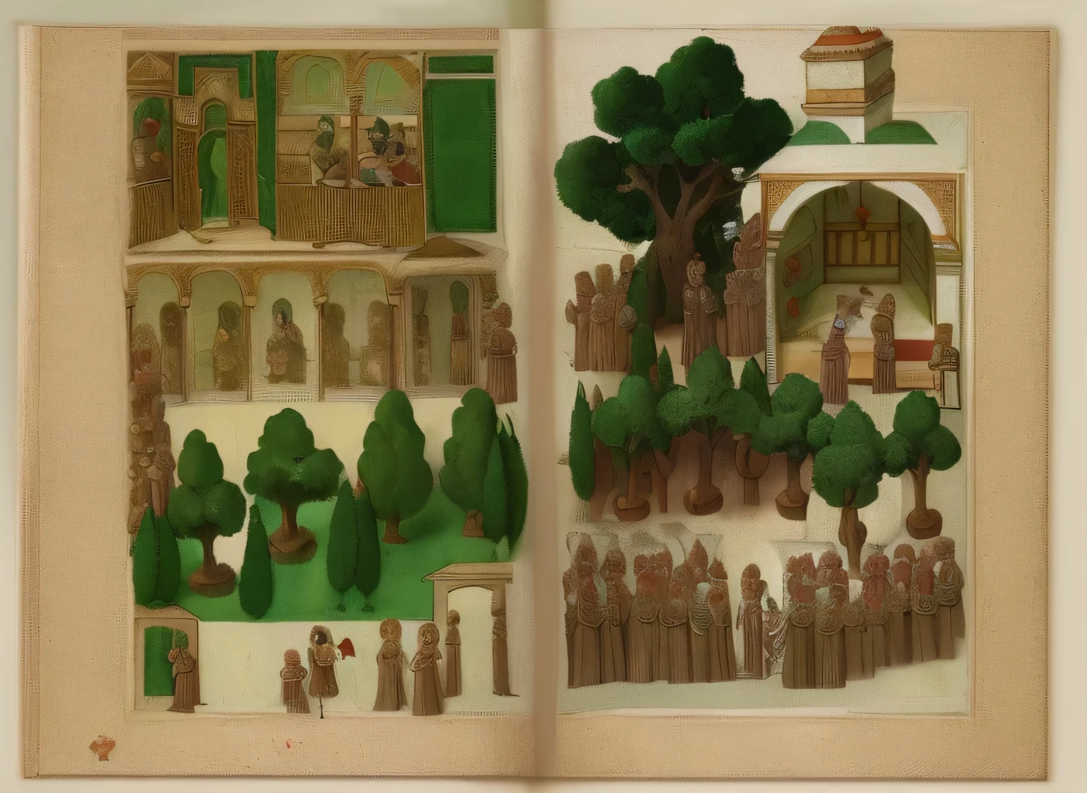 ottoman miniature, manuscript style, trees, ottoman people, gardens, softer colors, light colors