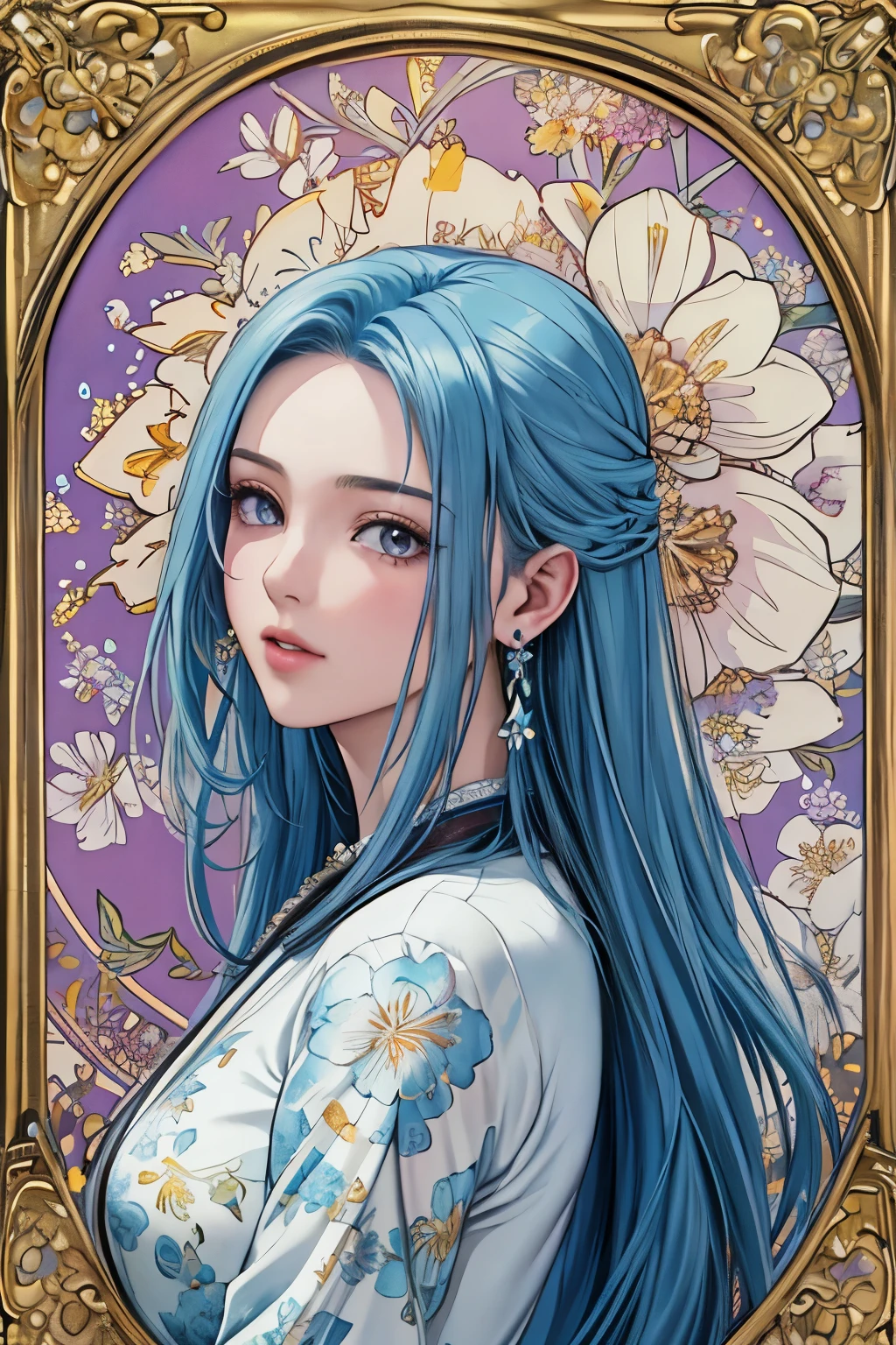 (masterpiece, top-quality, top-quality, Official art, Beautifully Aesthetic:1.2), purple eyes, (highest quality, masterpiece painting:1.3), immature woman, , (half body shot), masterpiece, ultra high resolution, (((Flower frame, A lot of flowers in the frame, round frame, A beautiful girl fits into the frame))), Decorative panel, abstract art, (shot from a side angle), (Photoreal:1.0), ((light blue hair)),straight hair, beautiful shining hair, white and shining skin, Painterly, sketch, Texture, 超A high resolution, solo, Beautuful Women, A highly detailed, (Fractal Art:1.1), (colourfull:1.1), (florals:1.6), The most detailed, (Zentangle:1.2), (Dynamic Poses), (Abstract background:1.3), (shinny skin), (Many colors:0.8), (earrings:1.4), (pluma:0.9), Taisho romance