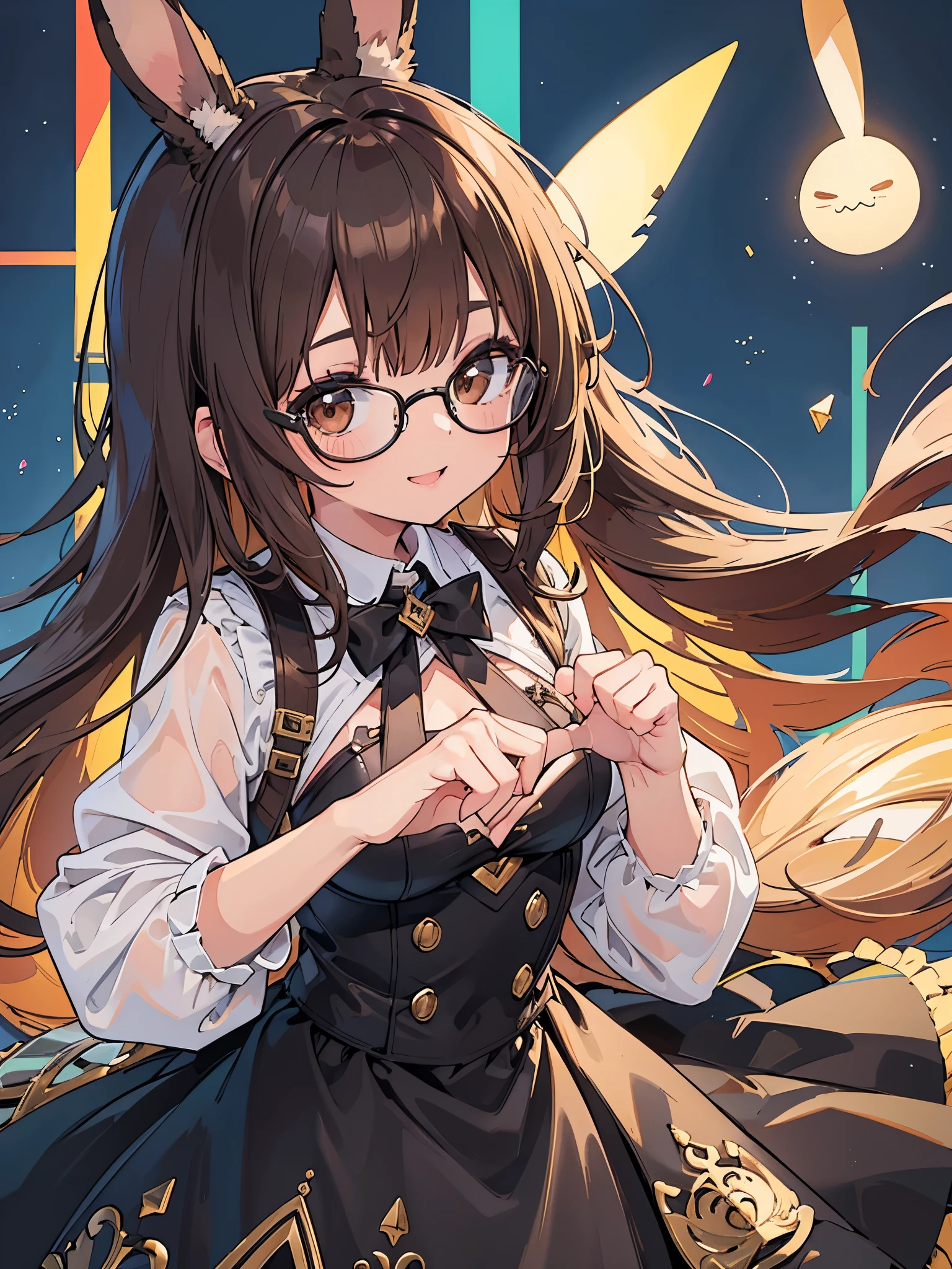 1 Female、Brown hair、Brown Eyes、Best Quality、Super detailed、8 Resolution、Raw photo、Mastepiece、Perfect Body、high resolution、highest quality、Detailed drawing、Vibrant colors、lure、smile、Long Hair、Black-rimmed glasses、Captivating breasts、Bunny girl