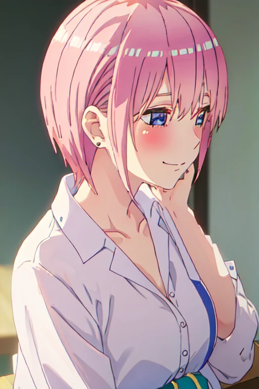 best quality, masterpiece, highres, solo, {nakano_ichika_gotoubunnohanayome:1.15}, pink_hair, short_hair, bangs, blue_eyes, blush, hair_between_eyes, closed_mouth, 1girl, profile, shirt, smile, white_shirt, blurry, blurry_background, from_side, indoors, collarbone, portrait