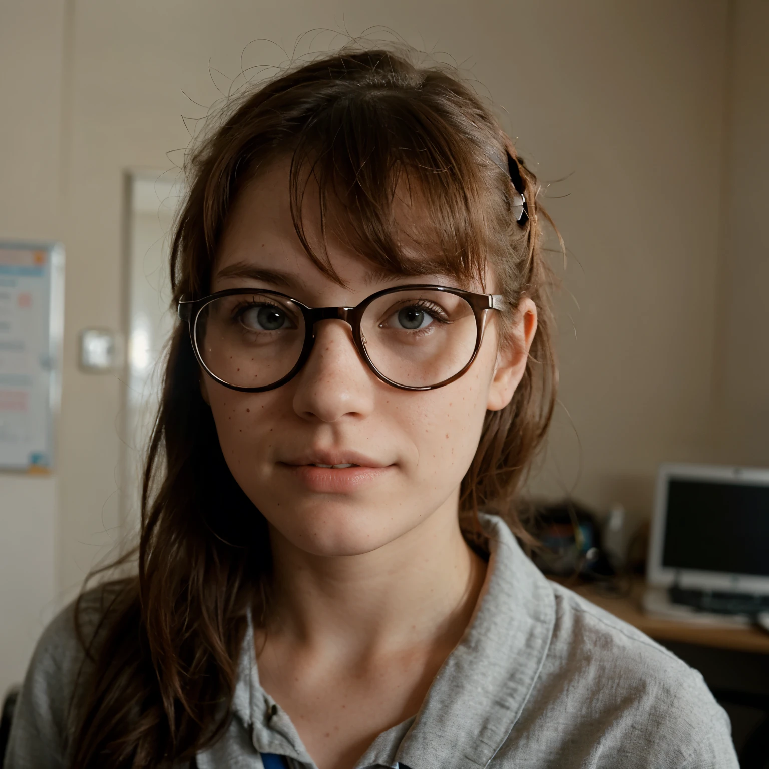 Nerdy student with freckles wearing glasses looking at screen