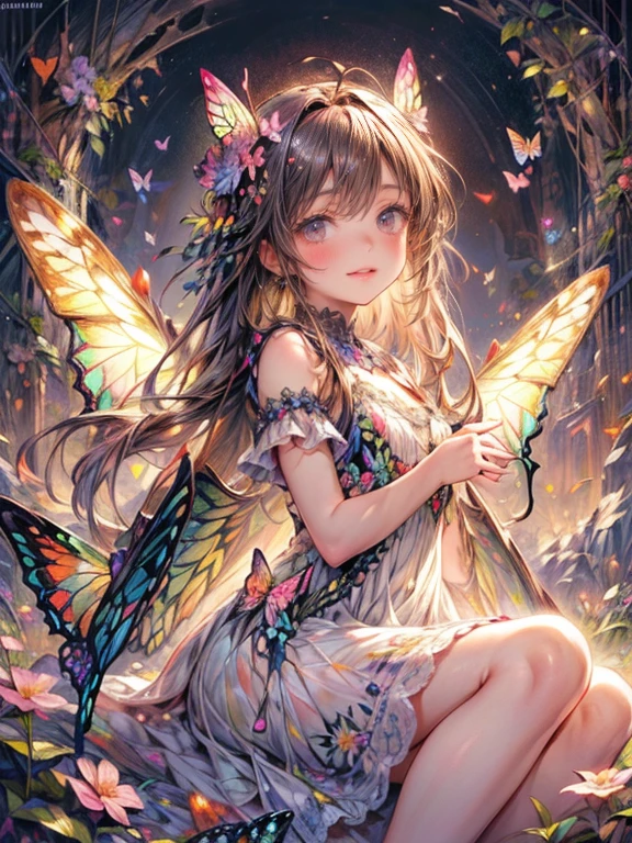 masterpiece:1.2, 8k, highres, ultra-detailed, (beautiful cute girl), (butterfly ornament), (butterfly dress), (butterfly wings:1.2), ((many butterflies)), ((many flowers)), ((bright landscape)), (beautiful world), (fantasy world), gently smile, sparkling eyes, shining lips, Soaring pose