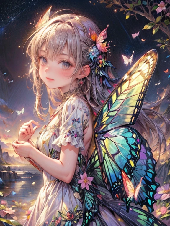masterpiece:1.2, 8k, highres, ultra-detailed, (beautiful cute girl), (butterfly ornament), (butterfly dress), (butterfly wings:1.2), ((many butterflies)), ((many flowers)), ((bright landscape)), (beautiful world), (fantasy world), gently smile, sparkling eyes, shining lips, Soaring pose