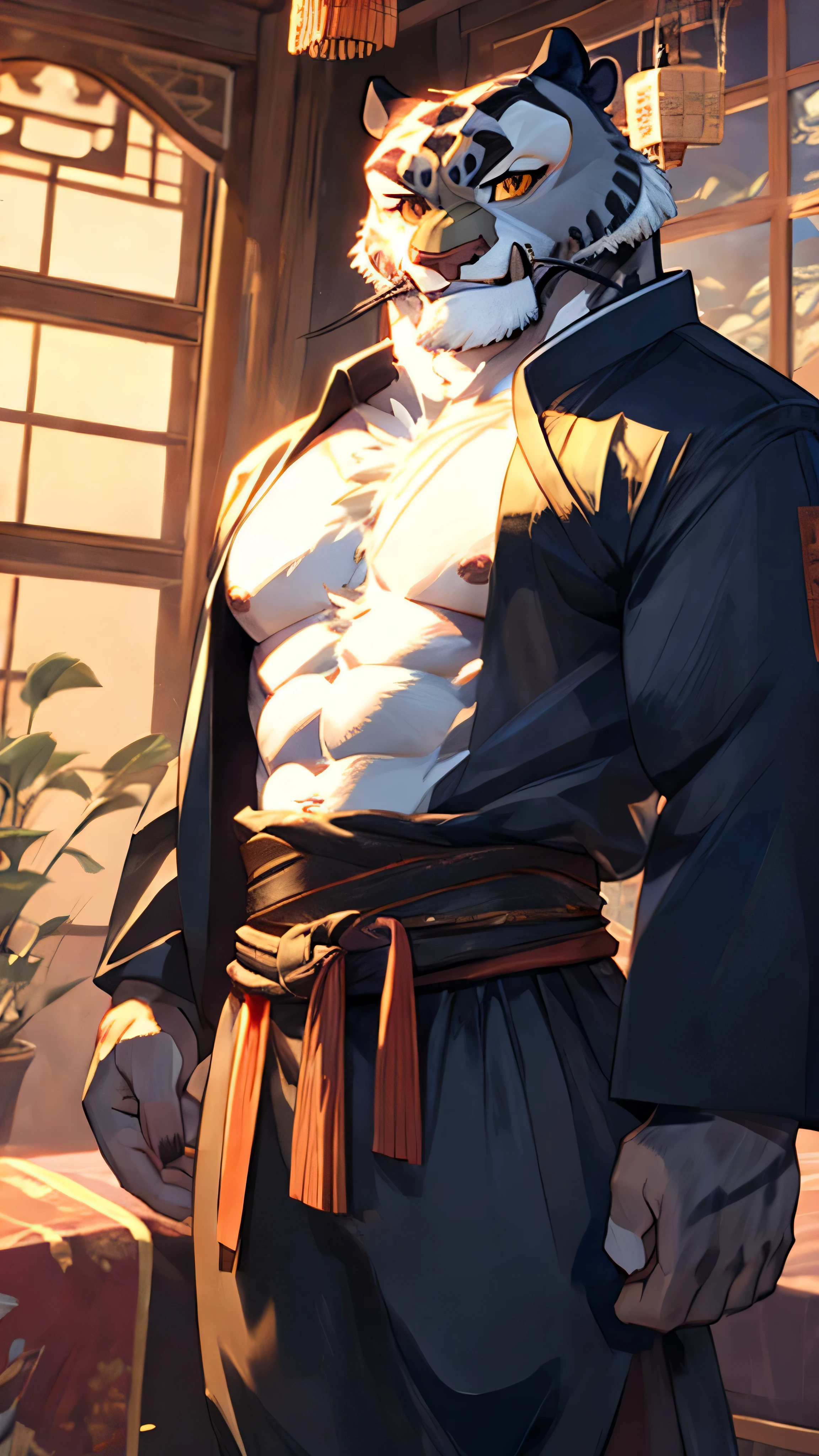 Tai Lung from Kung Fu Panda
6 ft tall, snow leopard, furry, full furry body, shirtless, blue violet ancient china pants, abs.
Sleeping on a wooden Chinese style bed
40 years old handsome face