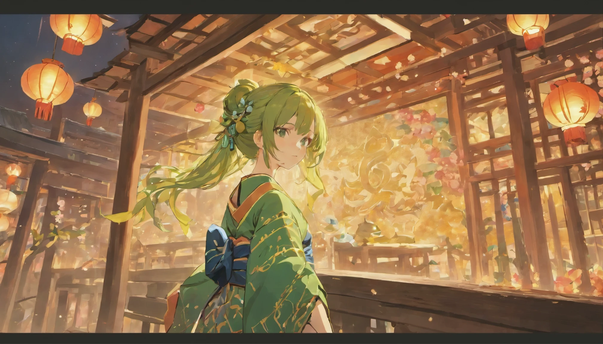 (((masterpiece))), 最high quality, Ultra Detailed CG Unity 8k Wallpaper, Treehouse,new year，Chinese style city，Night Sky，Buddha statue in the center，Decorations，Chinese lanterns are displayed，firework，There are no people,(((masterpiece))), 最high quality, Ultra Detailed CG Unity 8k Wallpaper, Treehouse,一人のwoman,{{masterpiece}}, (最high quality, High resolution, Textured skin, high quality, Attention to detail, Highly detailed CG Unity 8k wallpaper), Charmed，Have fun，Long pink hair, Green Eyes, beautiful衣装，royal kimono, The only person, Small amount of lace, Dazzling, woman, beautiful, (tea ceremony master), female tea ceremony master, (A sophisticated tea ceremony), (A luxurious tea ceremony), Expensive cosmetics are everywhere, colorful makeup, royal kimono, Light-colored clothing,Normal hand