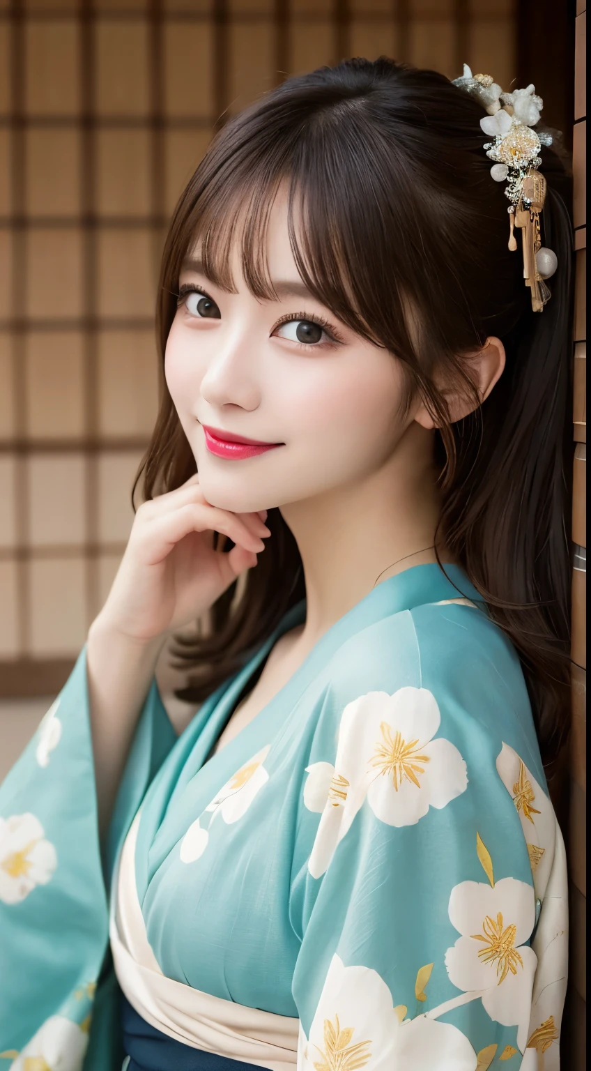 whole body, highest quality, figure, Very detailed, In detail, High resolution, 8k wallpaper, Perfect dynamic composition, Beautiful fine details, kimono,Medium Hair, Center of chest, Natural color lip, Random sexy poses,smile,Japanese-style room,Flower Hair Ornaments,