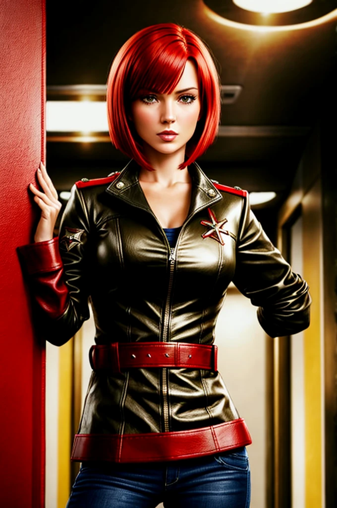red bob cut, beautiful woman, starship captain, short jacket, cowboy shot, flirty, military bearing, standing, pirate, on a starship bridge, leather