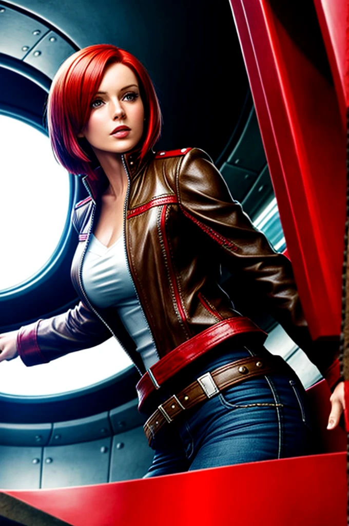 red bob cut, beautiful woman, starship captain, short jacket, cowboy shot, flirty, military bearing, standing, pirate, on a starship bridge, leather
